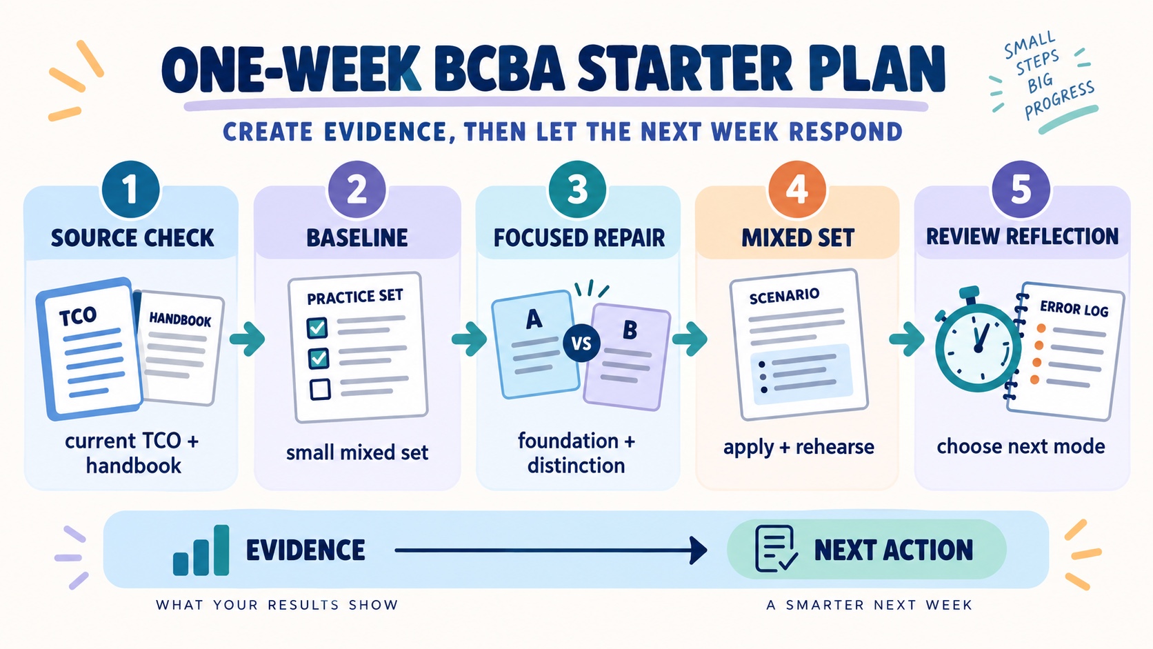 No-person one-week BCBA test-prep starter plan showing source check, baseline, focused repair, mixed set, and review reflection.