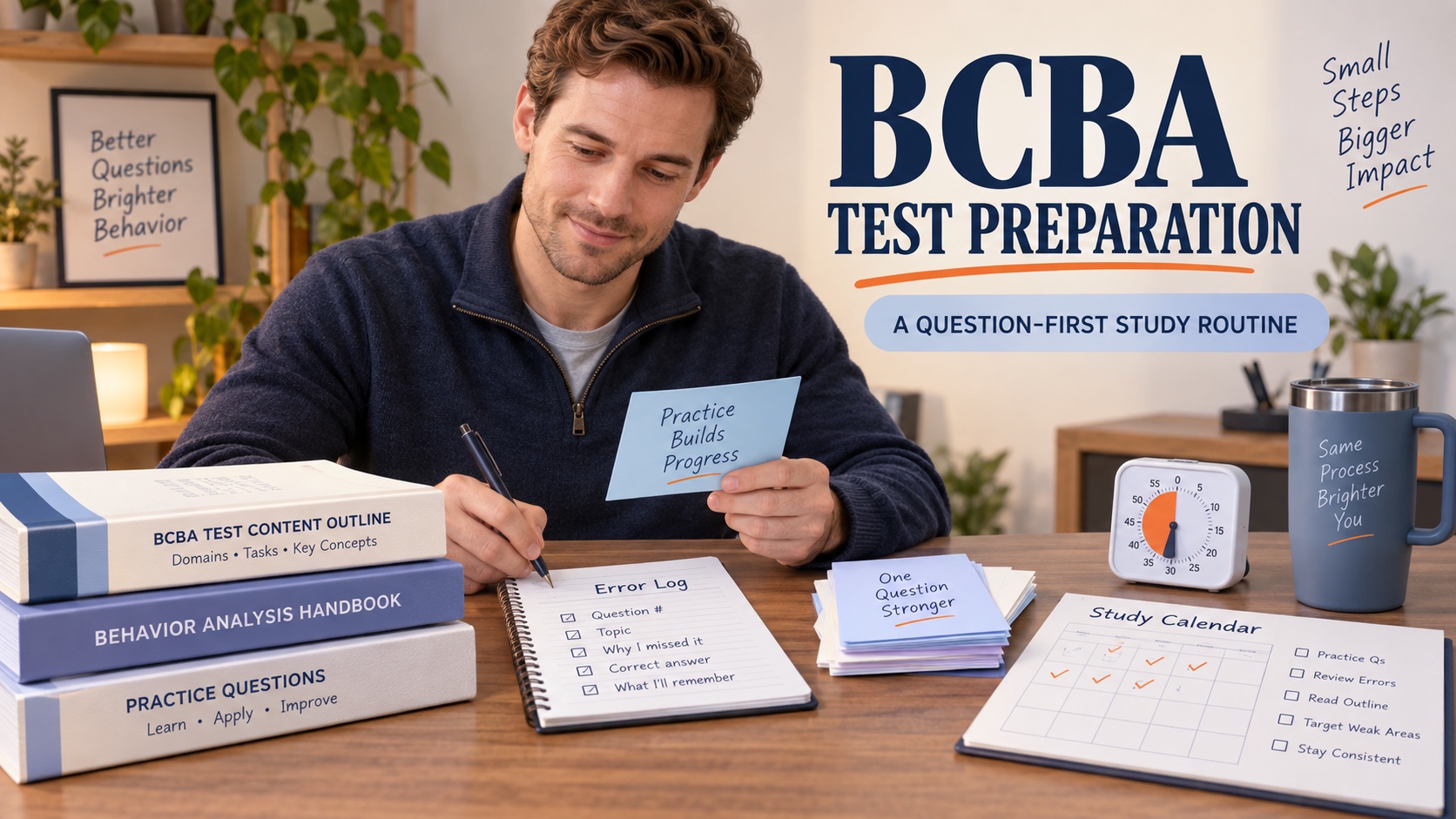 A White male BCBA candidate organizes a current study outline, question cards, an error log, and a timed practice plan in one integrated editorial study scene.