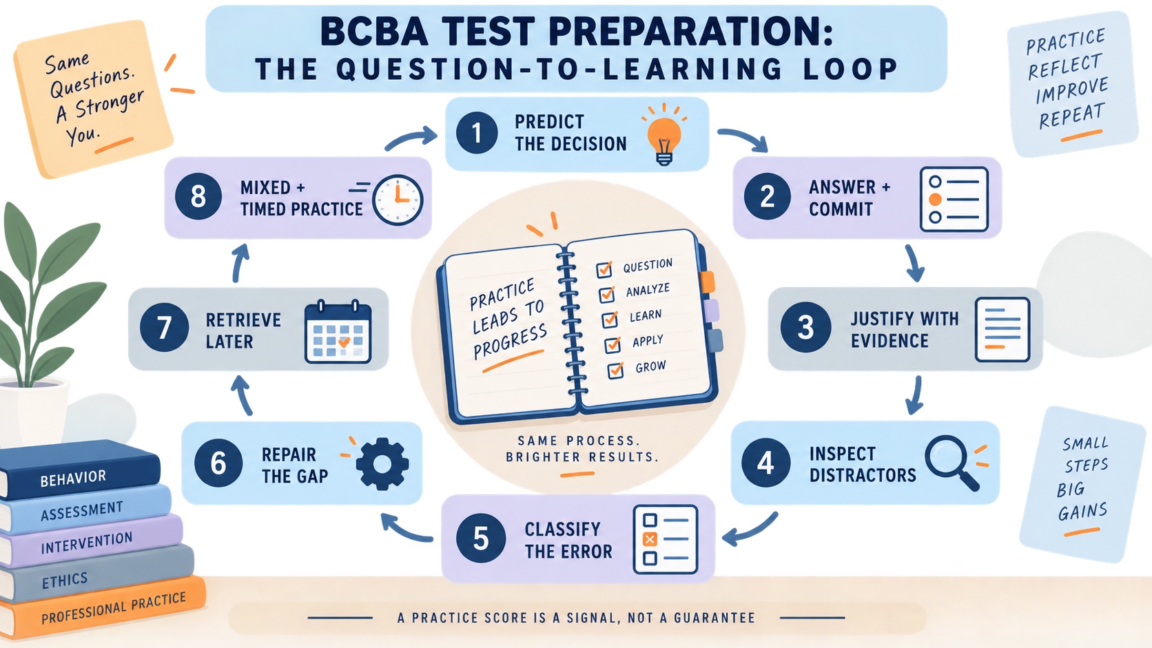 No-person infographic showing a BCBA practice review loop: predict, answer, justify, inspect distractors, classify the error, repair the gap, retrieve later, and return to mixed timed practice.