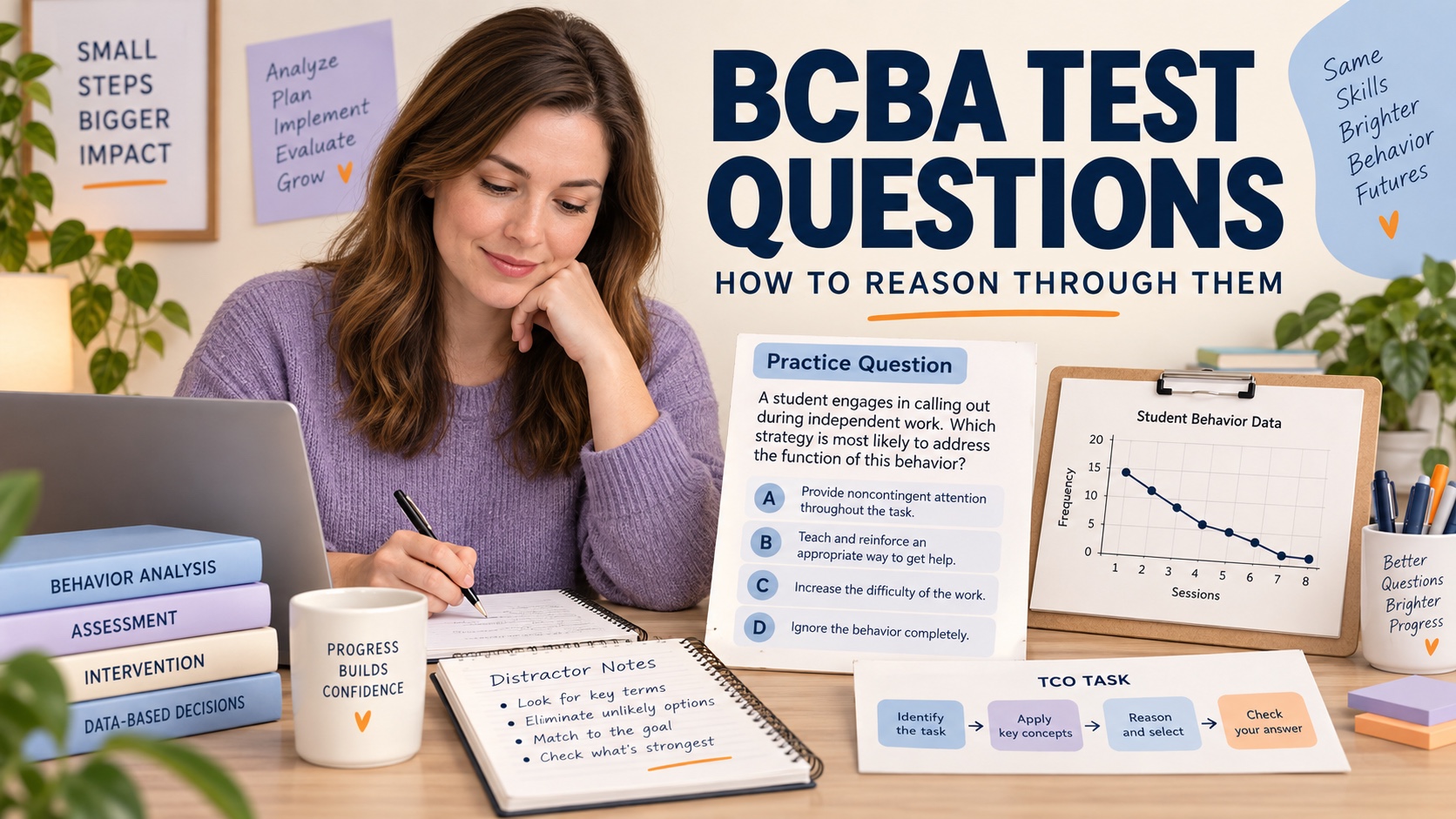 A White female BCBA learner studies a scenario question card with answer choices, a data graph, distractor notes, and a TCO task map in one integrated editorial scene.
