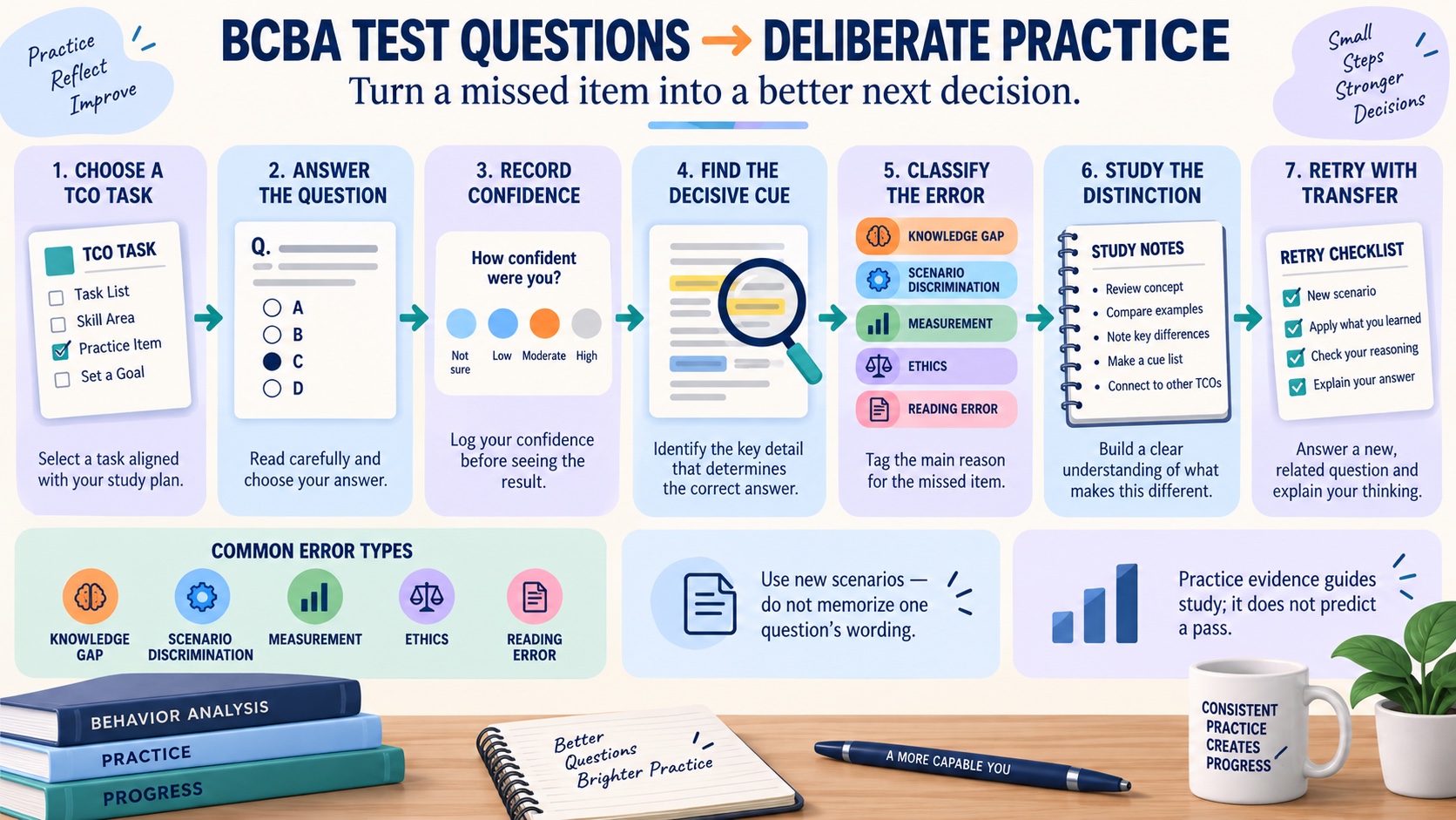 No-person infographic showing a BCBA test-question review workflow: choose a TCO task, answer, record confidence, find the decisive cue, classify the error, study the distinction, and retry with transfer.