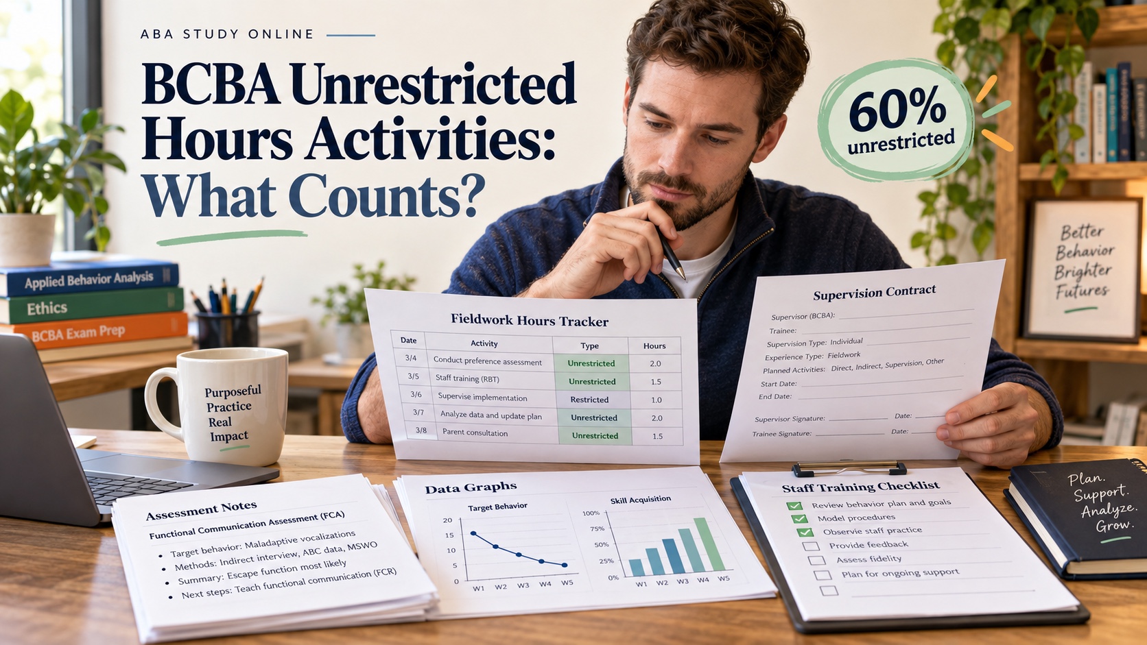 A realistic White man BCBA trainee reviews a fieldwork hours tracker, supervision contract, data graphs, assessment notes, and staff-training checklist in an integrated editorial scene titled BCBA Unrestricted Hours Activities: What Counts?