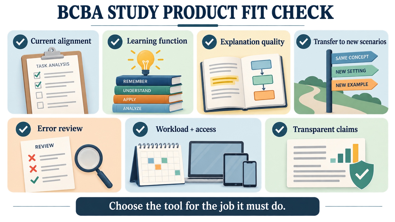 No-person infographic showing a BCBA study-product fit checklist: current alignment, explanations, practice mode, review loop, workload, access, and transparent claims.