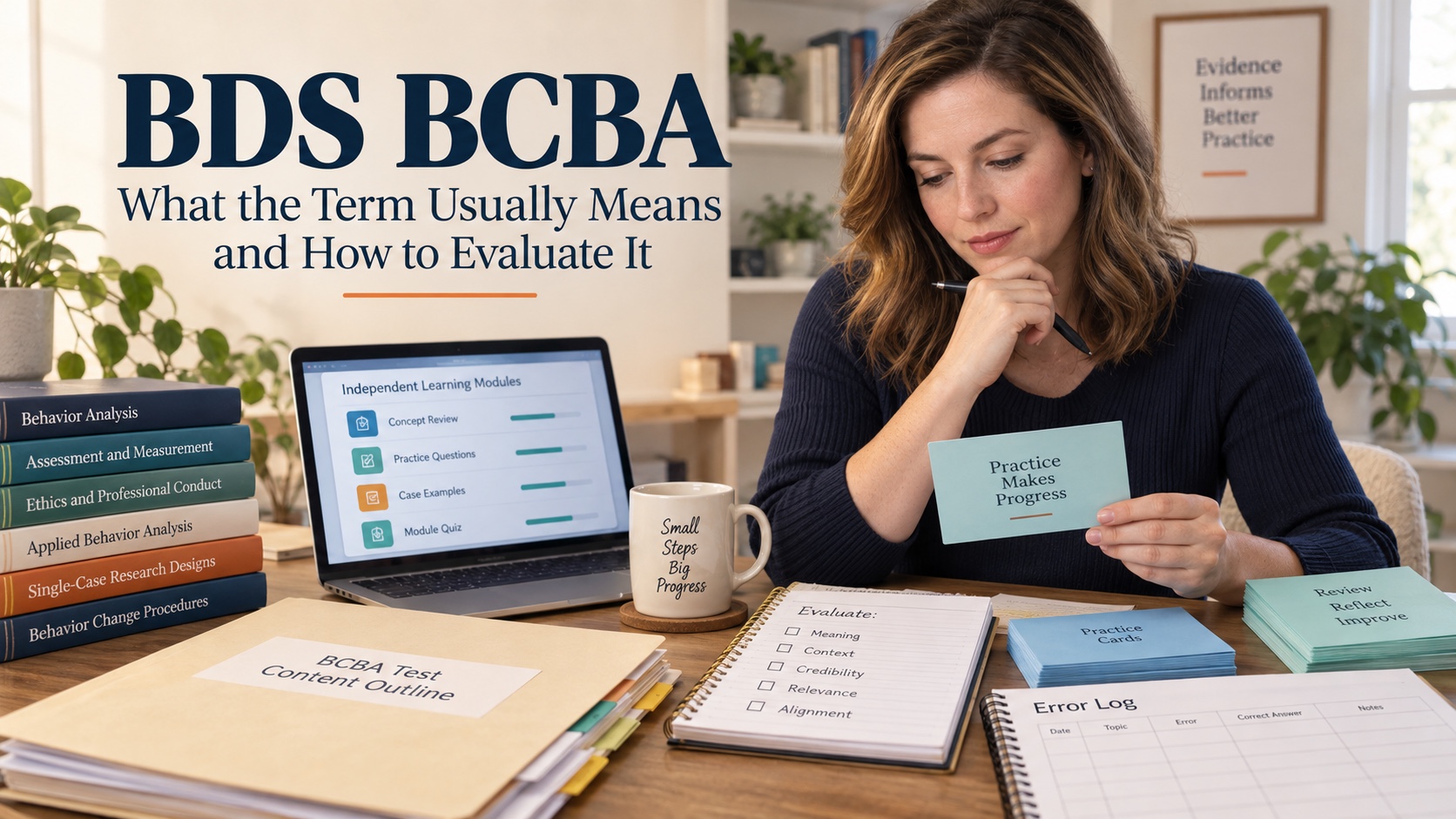 A realistic White woman evaluates a neutral BCBA study stack with a public BACB outline, independent learning modules, practice cards, and an error log in an integrated editorial cover.