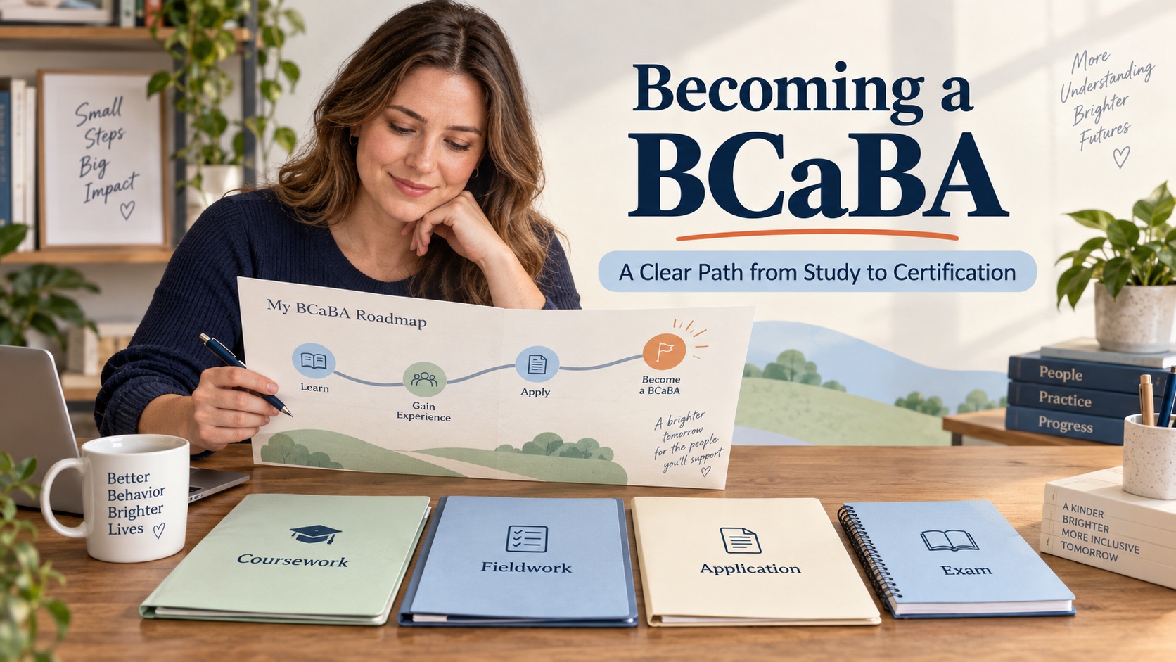A realistic White female student reviews BCaBA coursework, a supervised fieldwork checklist, an application folder, and an exam study notebook in one integrated editorial scene.