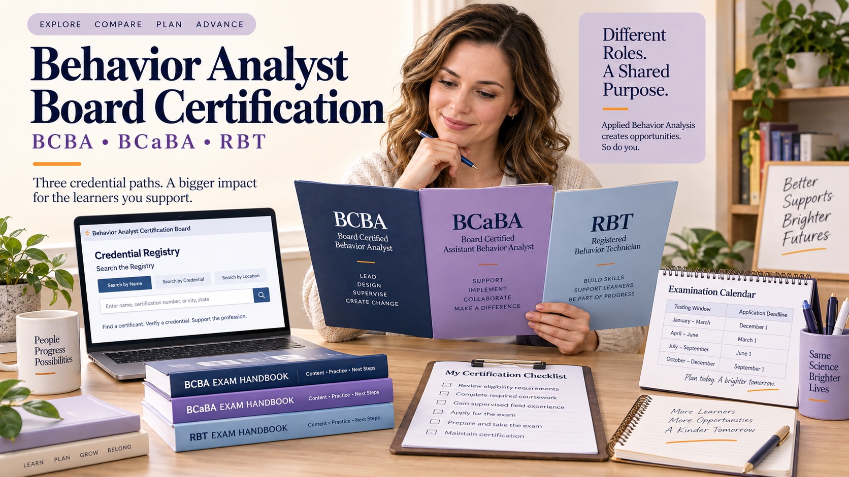 A White woman compares BCBA, BCaBA, and RBT credential folders with an official registry search and track-specific handbooks in an integrated ABA Study Online editorial scene.