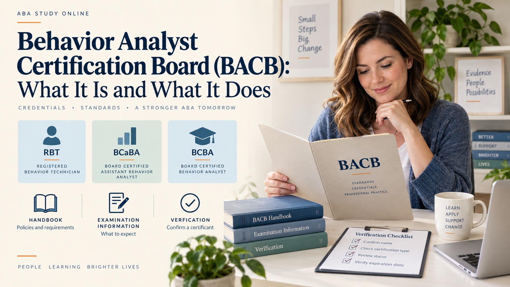 A White woman reviews a neutral BACB source folder, three certification track cards, and a verification checklist in an integrated ABA Study Online editorial scene.