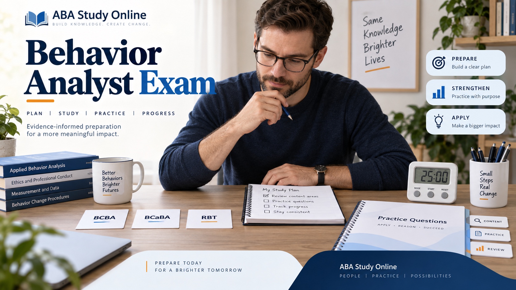 A White male learner compares three neutral behavior-analysis exam tracks beside a timer, question booklet, source notebook, and study cards in an integrated editorial scene.