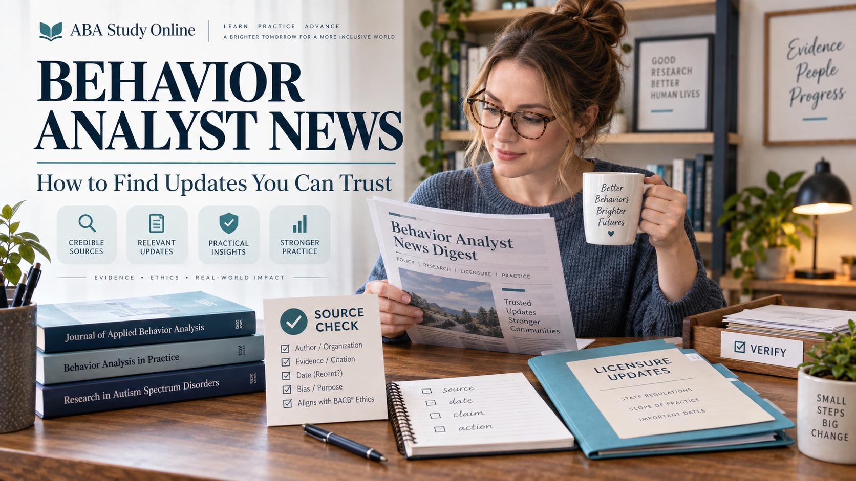 A White woman reviews behavior analyst news from an official update card, a research journal, a licensure notice, and a verification notebook in one integrated ABA Study Online editorial scene.