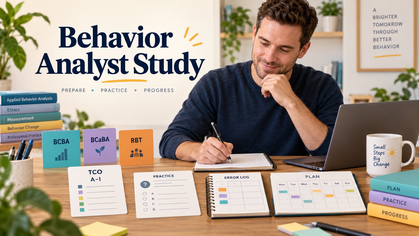 A White male learner plans behavior analyst study with BCBA, BCaBA, and RBT track cards, a TCO map, practice question, error log, and calendar in one integrated editorial scene.