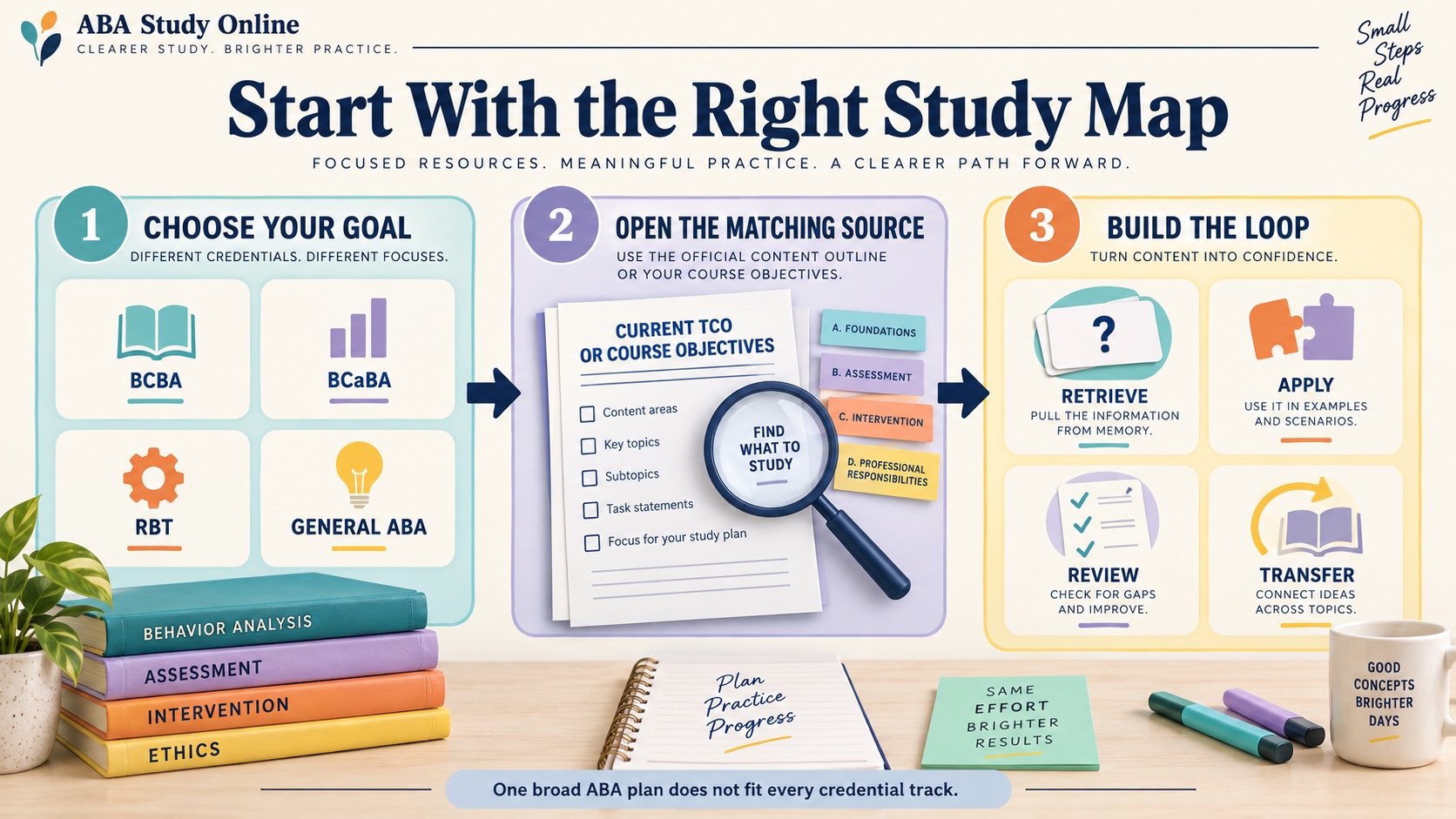 No-person infographic showing a behavior analyst study setup: choose BCBA, BCaBA, RBT, or general ABA learning; open the matching current outline or objectives; practice; and review errors.
