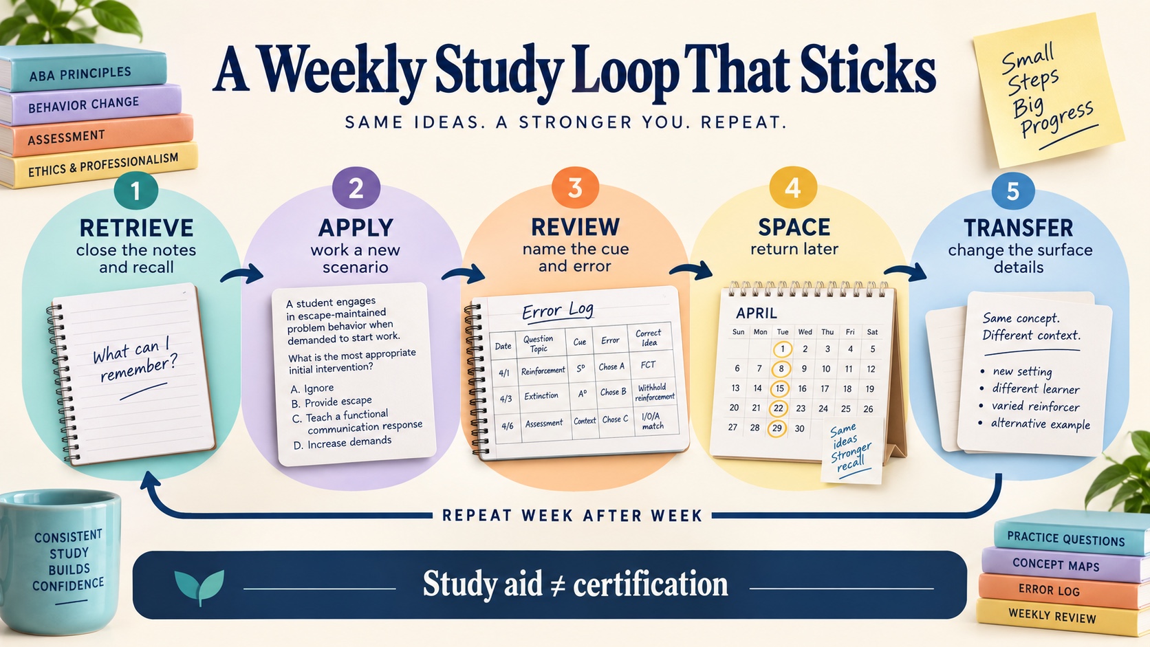 No-person infographic showing a weekly behavior analyst study cycle: retrieve, apply, review, space, and transfer, with a study-aid-not-certification boundary.