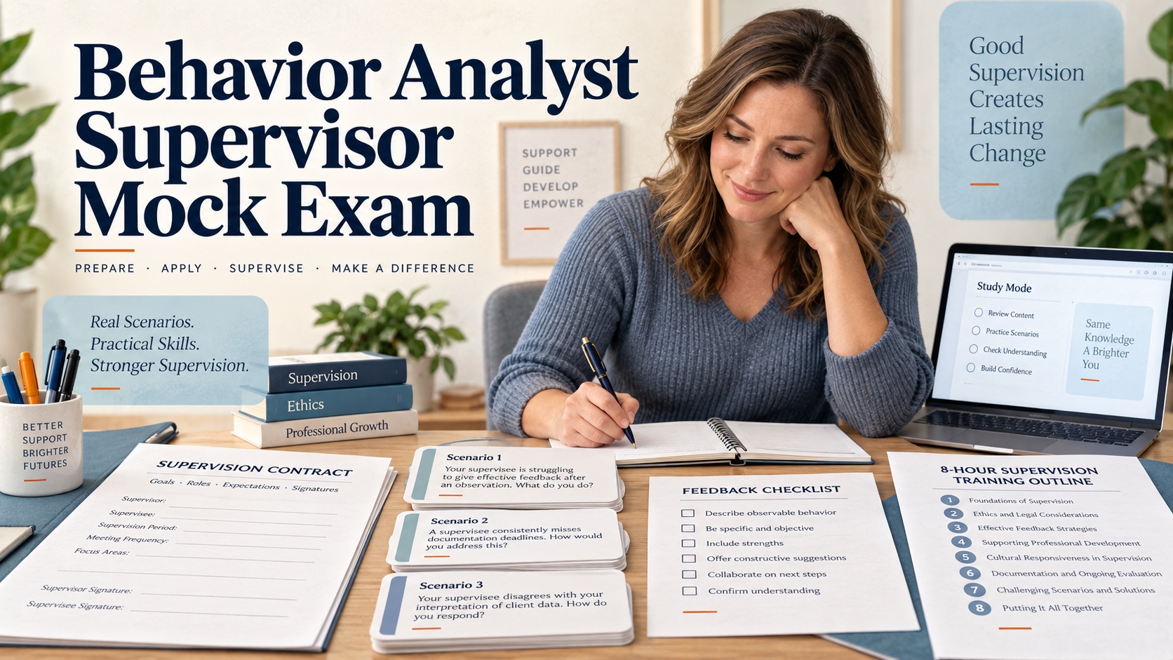 A White woman studies an unofficial behavior analyst supervisor mock exam beside a supervision contract, feedback checklist, scenario cards, and 8-hour training outline in an integrated ABA Study Online editorial scene.