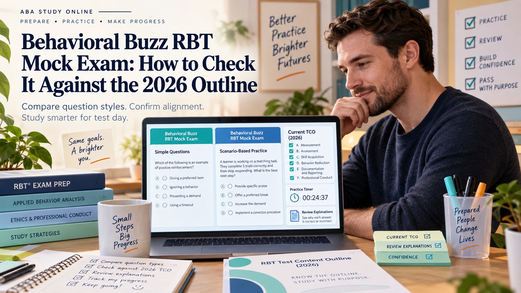 A realistic White male learner compares two independent RBT mock-exam formats on a laptop with a current 2026 RBT Test Content Outline, timer, checklist, and answer-review notes in an integrated editorial scene titled Behavioral Buzz RBT Mock Exam: How to Check It Against the 2026 Outline.