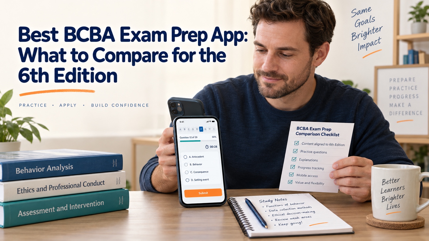 A White male BCBA learner comparing an exam-prep app on a phone with domain cards, a study checklist, and a current-edition note.