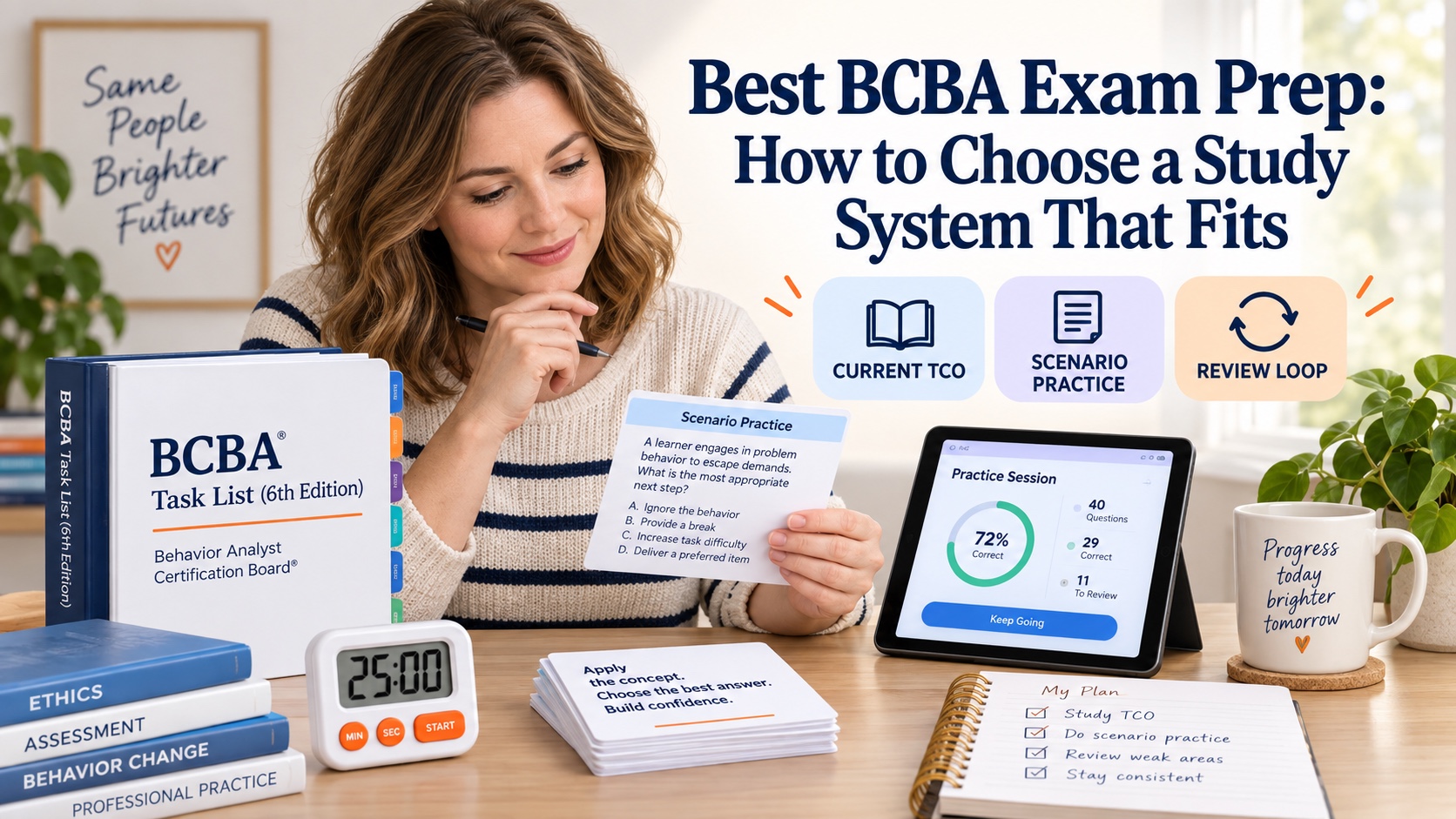 A realistic White woman compares BCBA exam preparation tools with a TCO binder, scenario cards, a timer, and an app study screen in one integrated editorial scene.