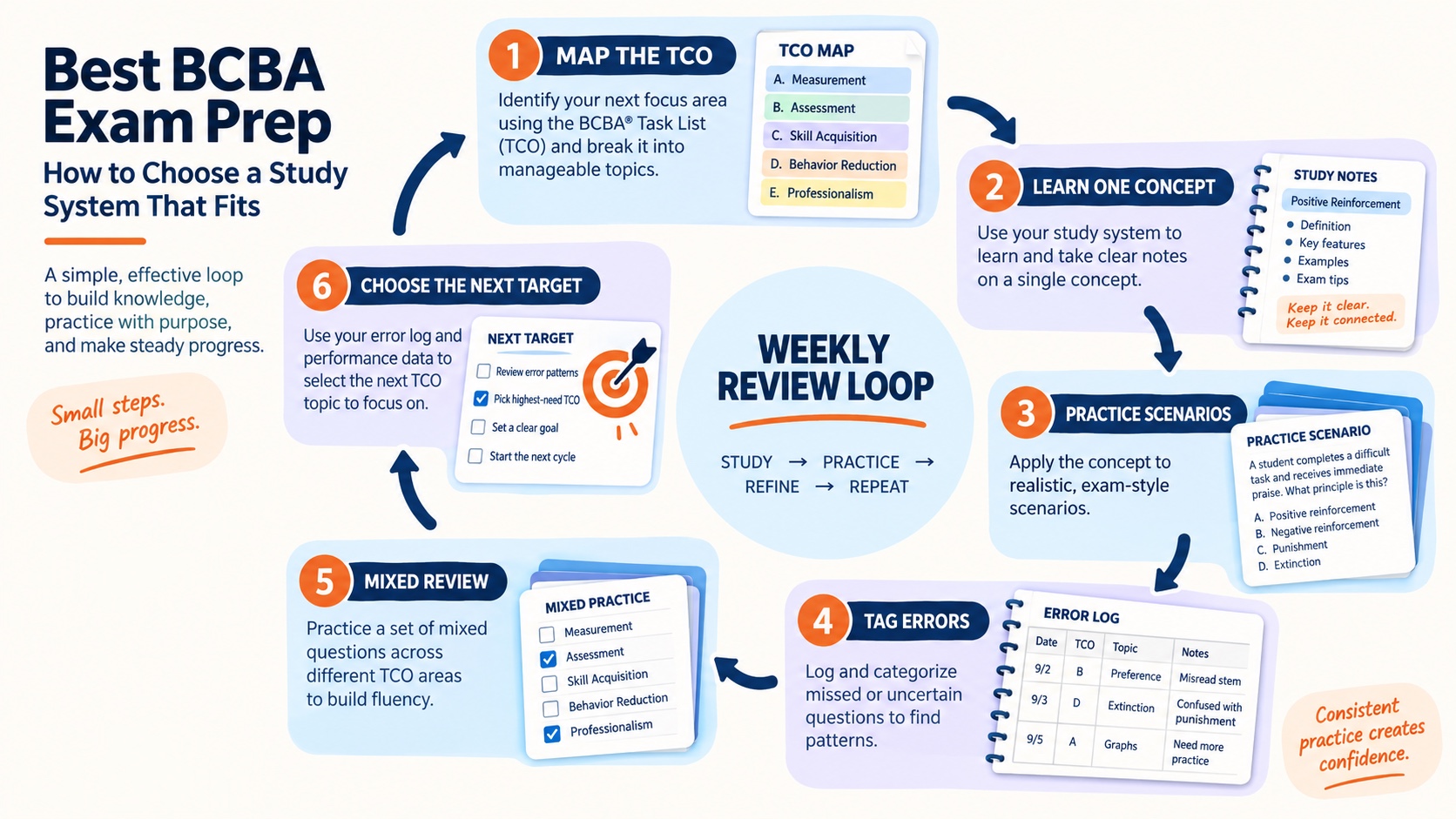 No-person infographic showing a BCBA weekly review loop: map the TCO, learn a concept, practice scenarios, tag errors, complete mixed review, and choose the next target.