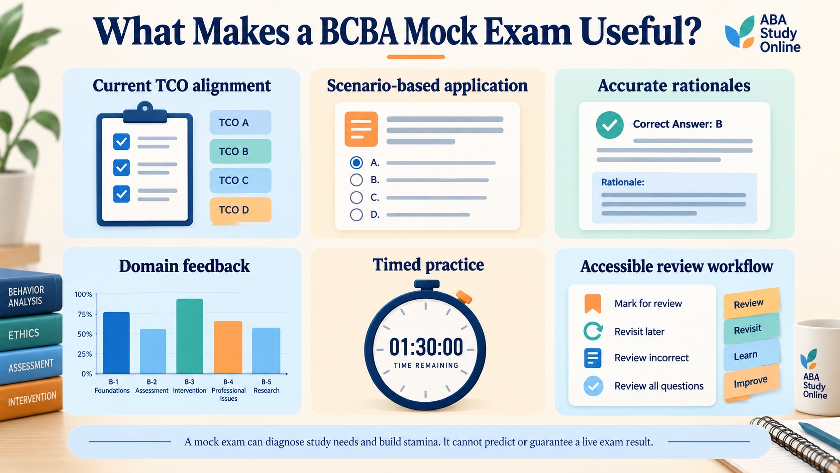 No-person infographic listing six useful BCBA mock-exam criteria: current TCO alignment, scenario-based application, accurate rationales, domain feedback, timed practice, and an accessible review workflow, with a no-guarantee note.