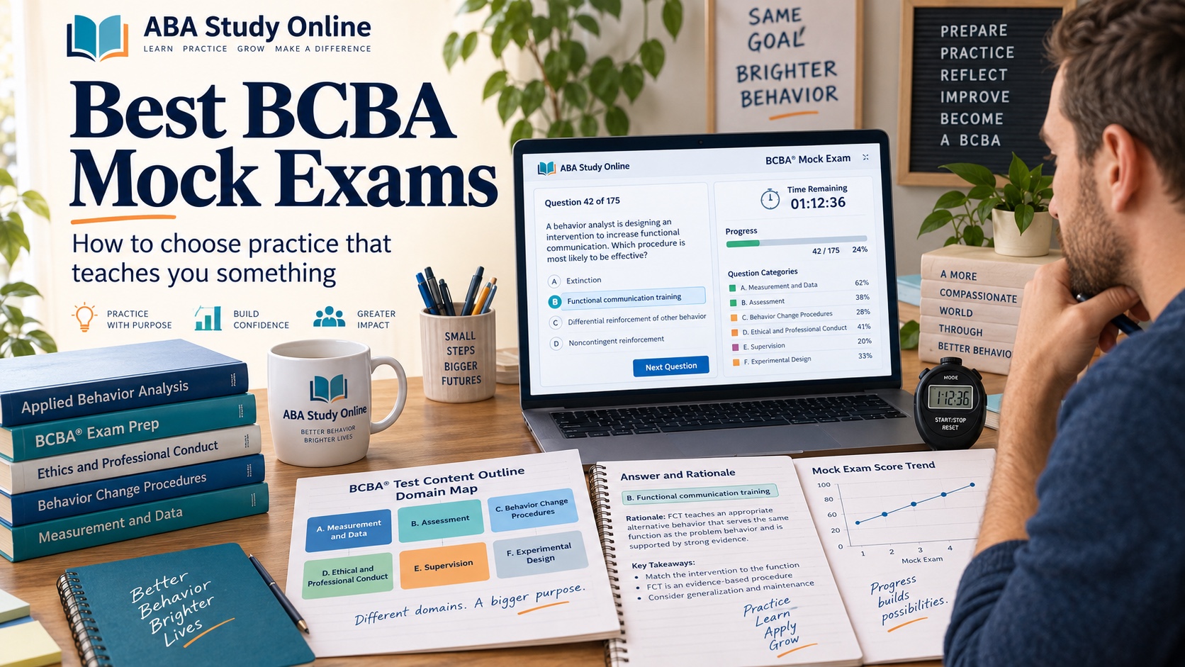 A White man reviews a timed BCBA mock-exam dashboard, TCO domain map, answer-rationale notes, and score-trend sheet in an integrated ABA Study Online editorial scene titled Best BCBA Mock Exams.