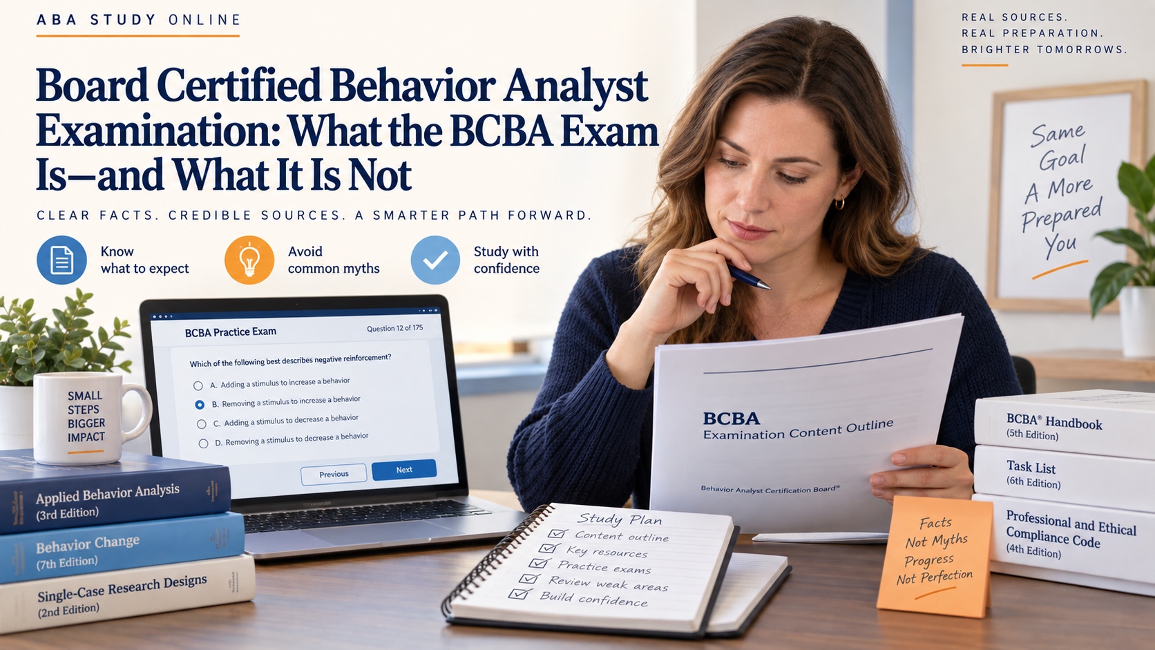 A White woman studies an official BCBA examination document beside a computer-based testing screen and a source checklist in an integrated ABA Study Online editorial scene.