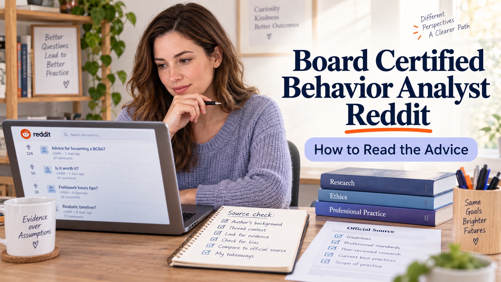 A White woman evaluates a Board Certified Behavior Analyst discussion thread beside official certification documents and a source-check notebook in one integrated editorial scene.