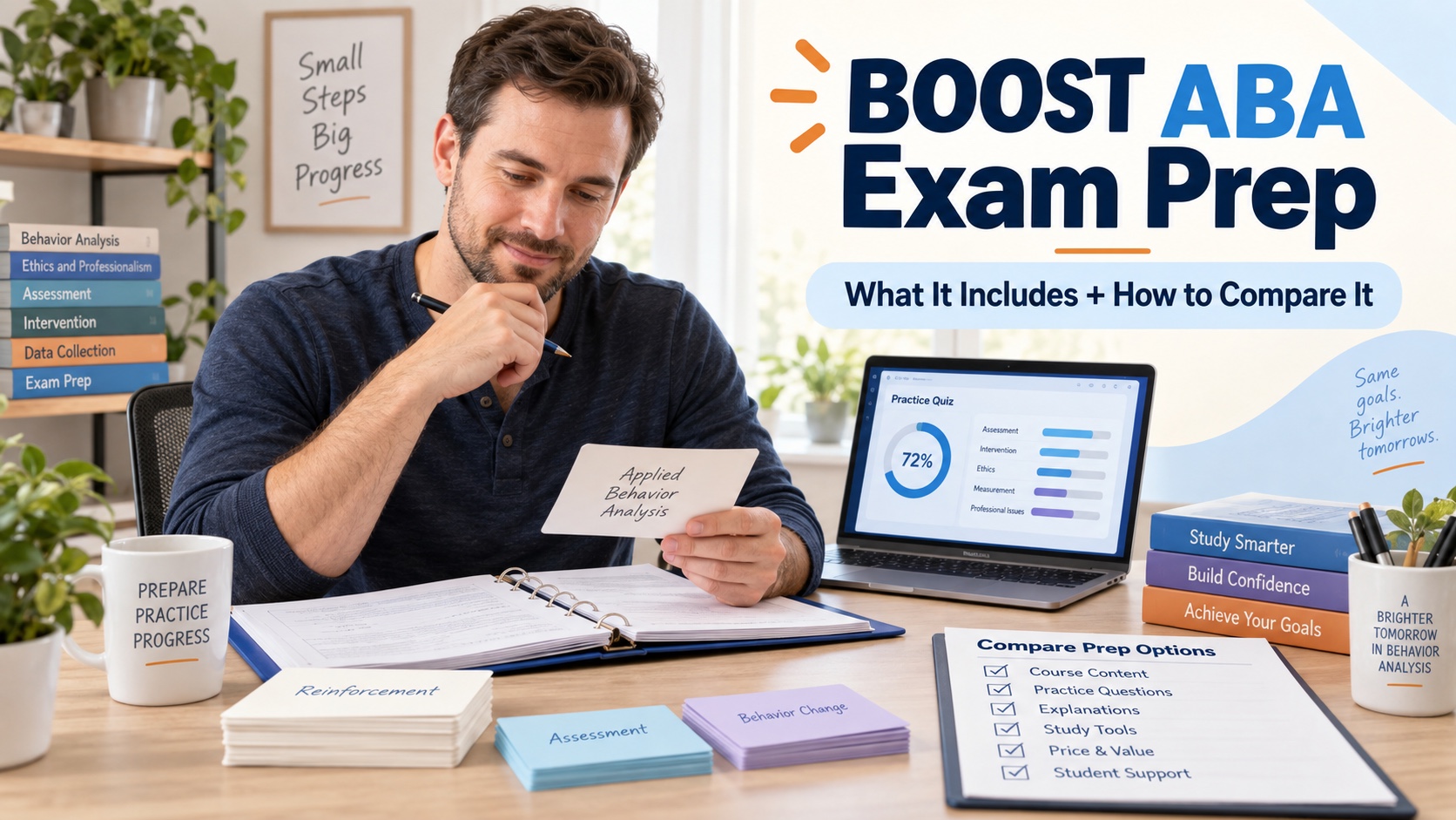 A realistic White man reviews a BOOST ABA Exam Prep product map, study cards, mock-exam panel, and comparison checklist in one integrated editorial scene titled BOOST ABA Exam Prep: What It Includes and How to Compare It.