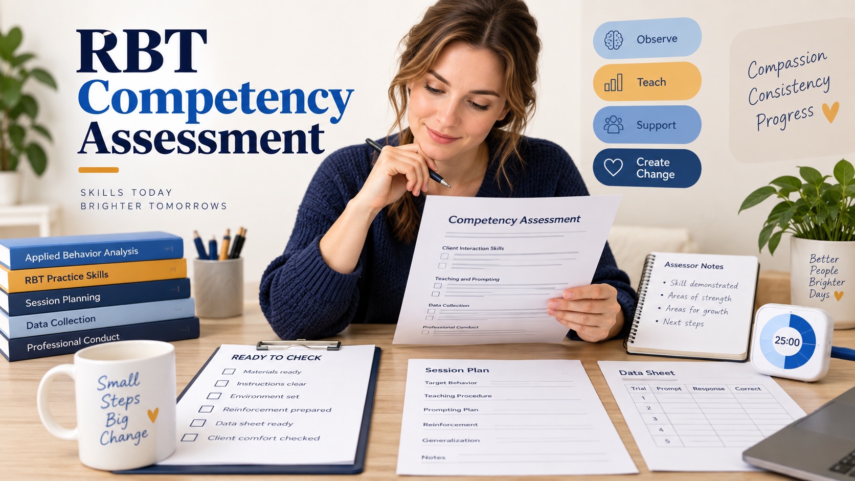 A White female RBT learner checks a competency-assessment packet beside a readiness checklist, assessor notes, and a privacy-safe session plan in an integrated editorial scene.