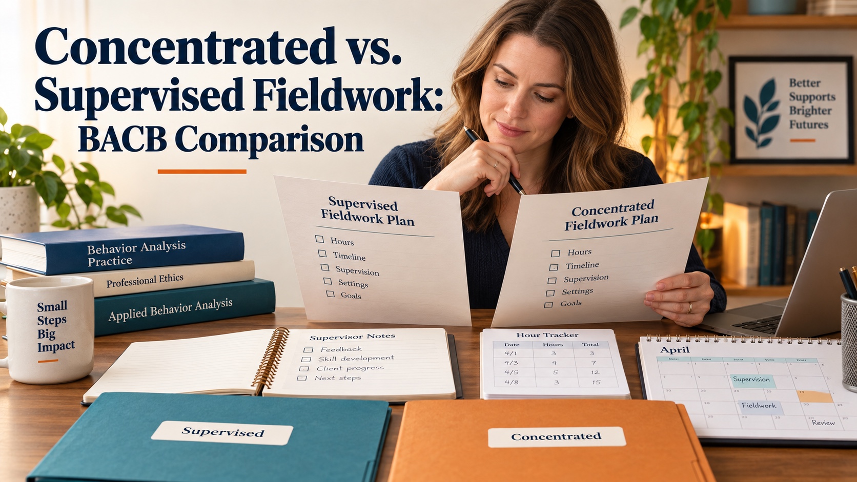 A realistic White woman compares supervised and concentrated BCBA fieldwork plans using a current handbook, hour tracker, calendar, and supervisor notes in an integrated editorial cover.