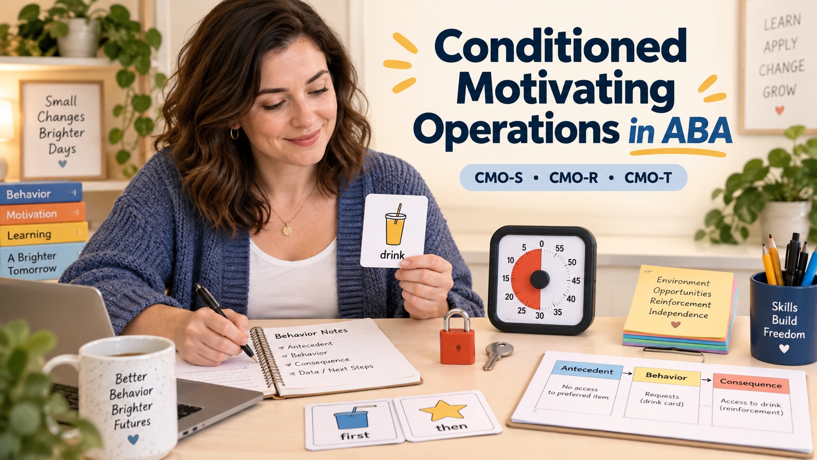 A White woman ABA learner studying a conditioned motivating operation with a communication card, lock-and-key example, timer, and behavior notes in an editorial scene.