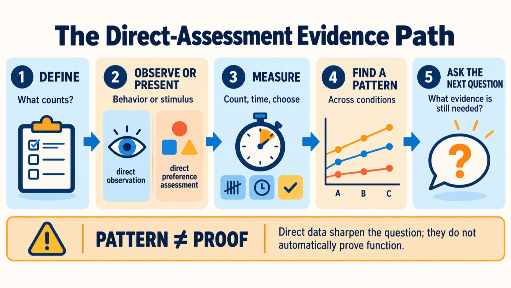 A no-person direct-assessment evidence path from operational definition to observation or presented stimulus, measurement, pattern, and cautious next question.