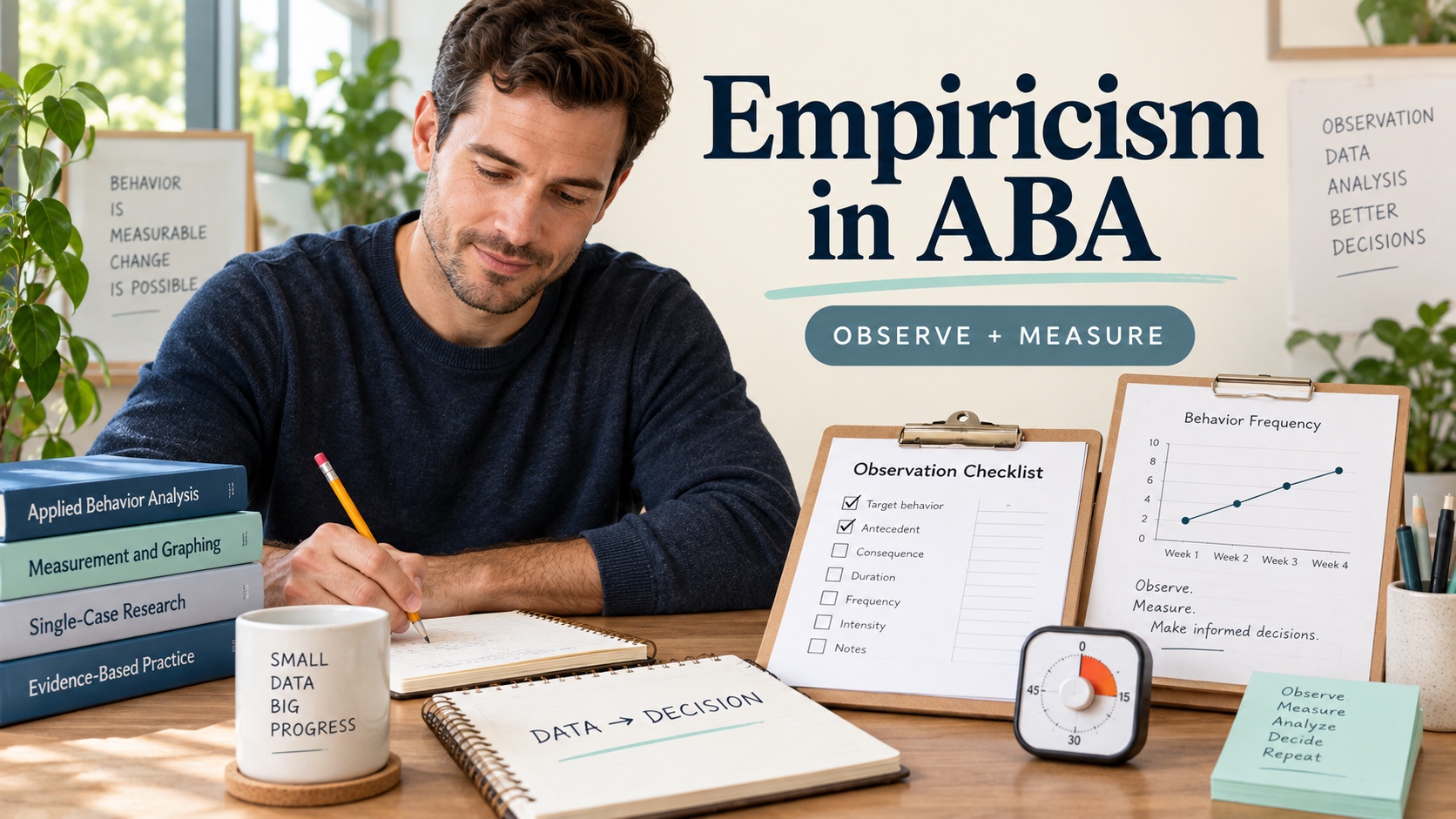 A White male ABA learner reviewing an observation checklist, data graph, clipboard, and measurement notes in an editorial study scene.