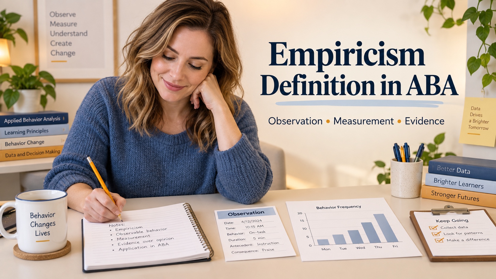 A White woman ABA learner studying an empiricism definition beside a notebook, observation card, and simple evidence chart in an editorial study scene.