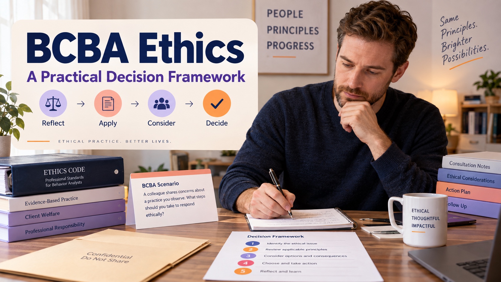 A realistic White man studies a BCBA ethics scenario with an ethics code binder, confidentiality folder, and integrated decision-framework title.
