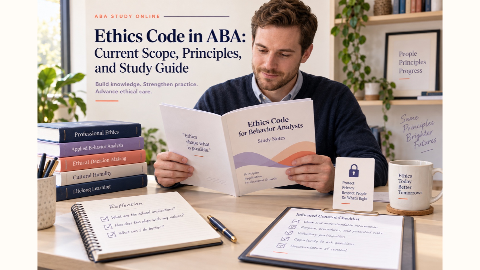 A White male ABA learner reviewing an ethics code, privacy lock, consent checklist, and reflection notes in an editorial study scene.