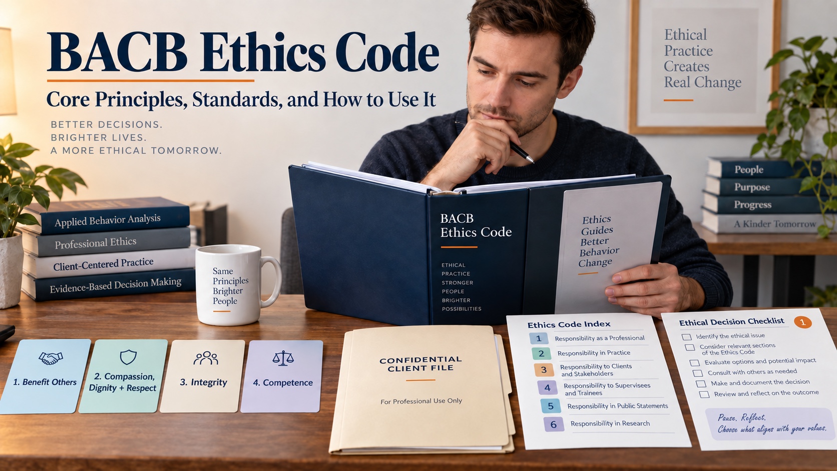 A White man reviews the BACB Ethics Code, core-principles cards, a confidential client file, and an ethics decision checklist in an integrated ABA Study Online editorial scene.