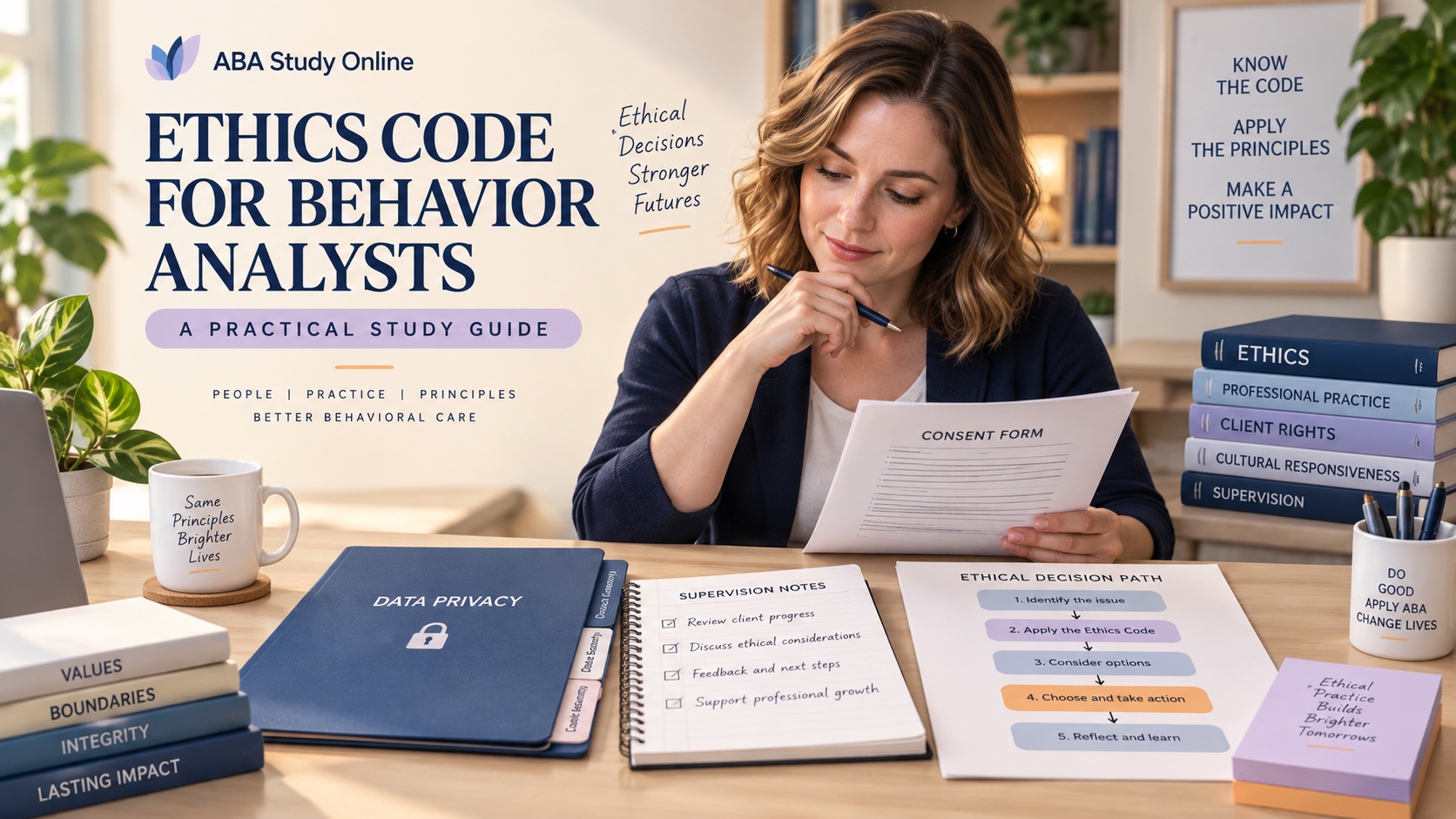 A White female behavior analyst reviews a consent form, privacy folder, supervision notes, and an ethical decision path in one integrated editorial scene.