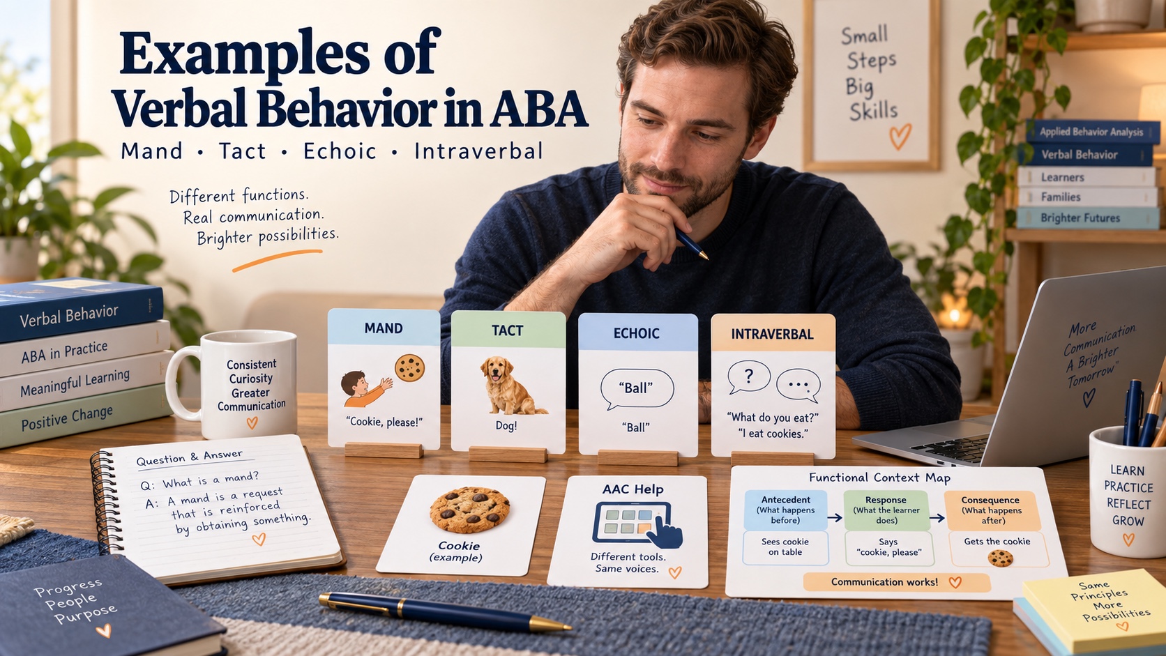 A White male ABA learner reviews verbal behavior example cards, a context map, and notes comparing mand, tact, echoic, and intraverbal behavior in one integrated editorial scene.
