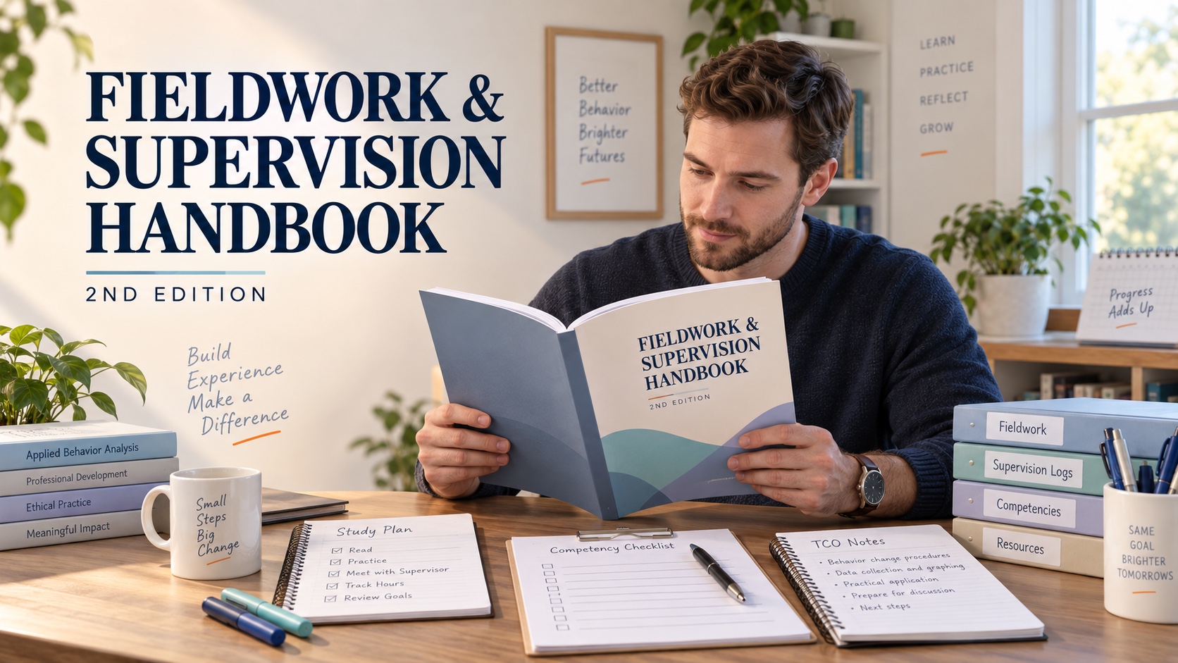 A White male behavior analyst trainee reviews a generic fieldwork and supervision handbook, current BCBA TCO notes, a competency worksheet, and a study plan in one integrated editorial scene.