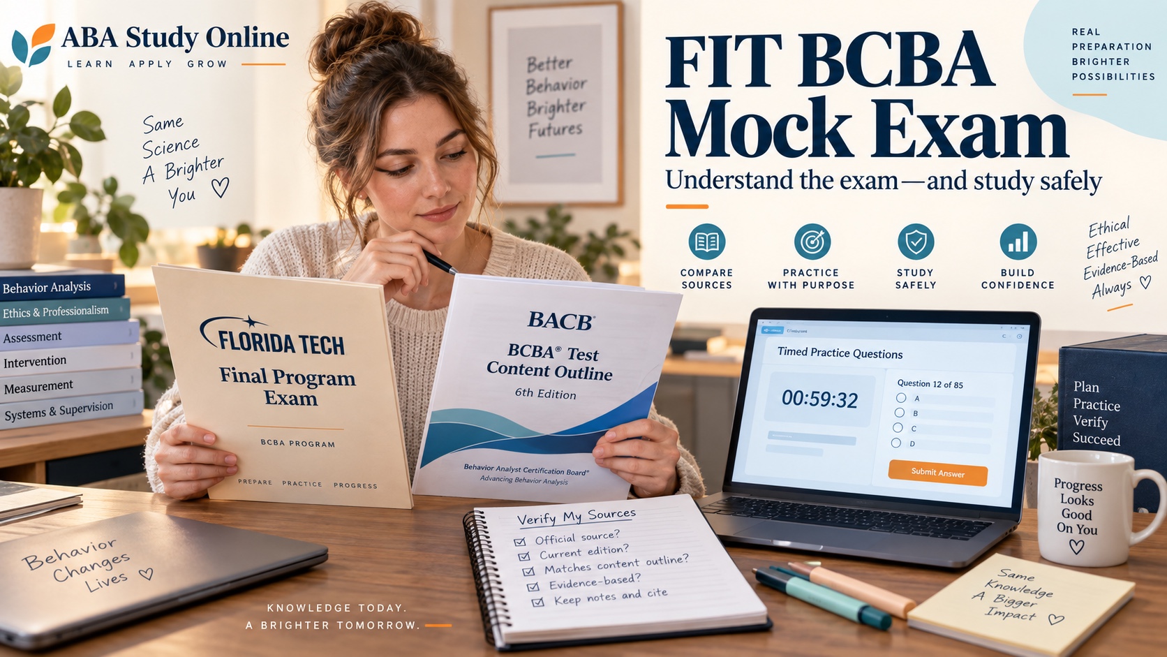 A White woman compares a Florida Tech Final Program Exam folder, BACB BCBA Test Content Outline 6th Edition document, timed practice dashboard, and source-verification notes in an integrated ABA Study Online editorial scene titled FIT BCBA Mock Exam.