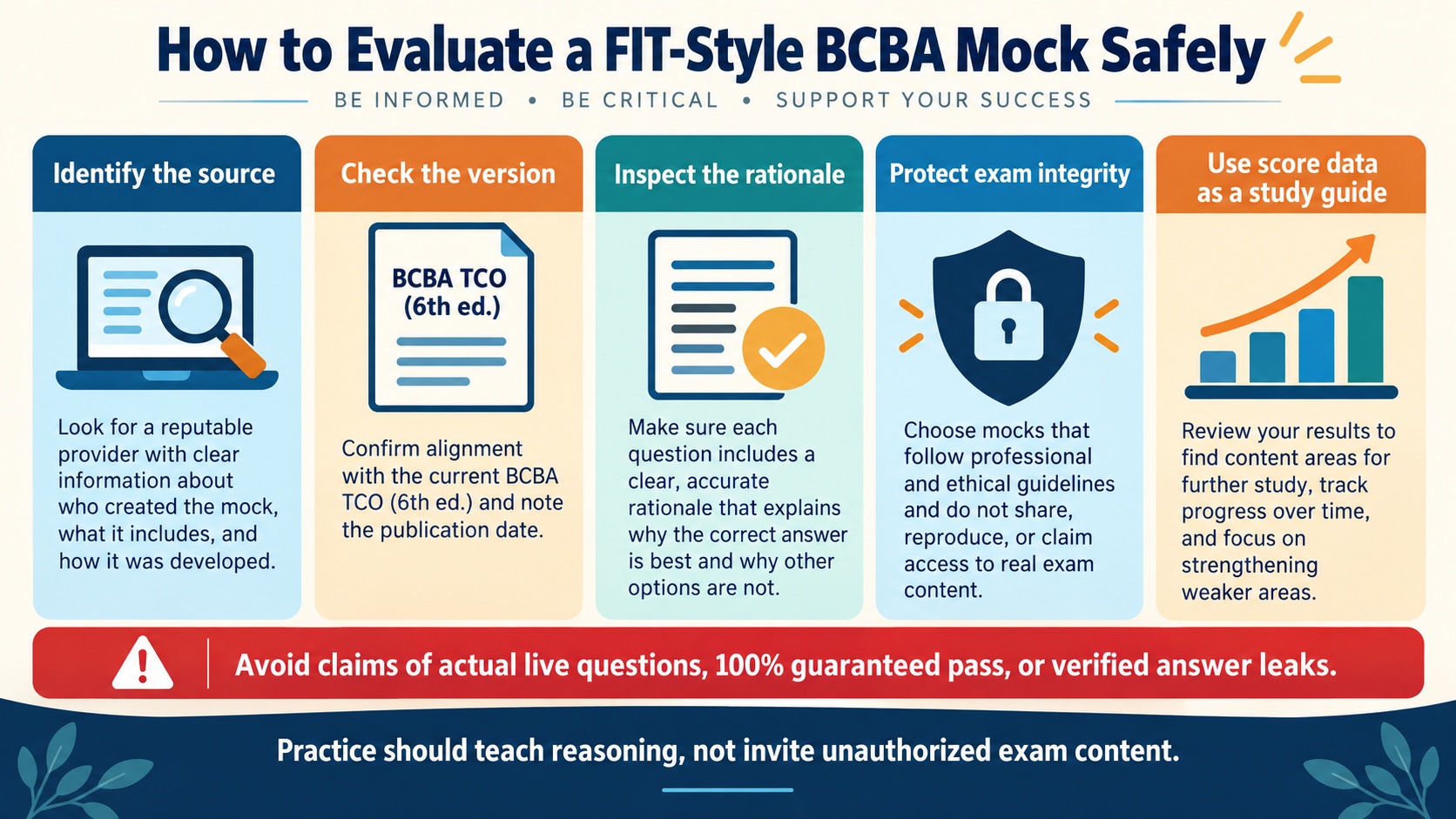 No-person infographic showing how to evaluate a FIT-style BCBA mock safely: identify the source, check alignment with the BCBA TCO 6th edition, inspect rationales, protect exam integrity, and use score data as a study guide, with warnings about live questions and pass guarantees.