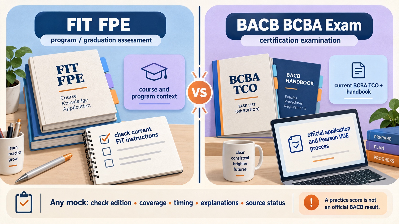 No-person infographic comparing FIT FPE as a program or graduation assessment with the BACB BCBA certification examination, including course context versus current TCO, handbook, application, and Pearson VUE process, plus a mock-audit checklist.