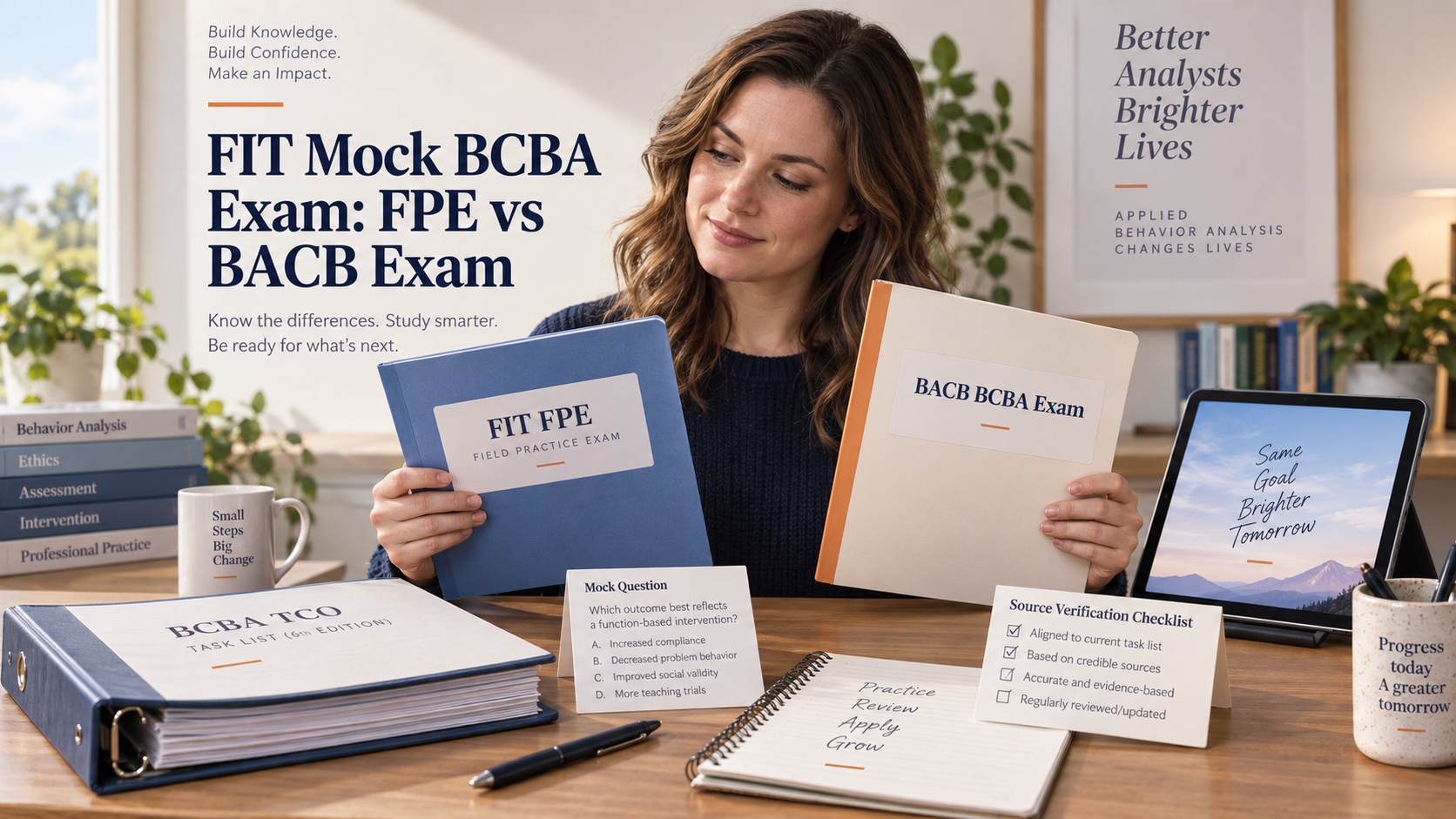 A realistic White woman compares FIT FPE and BACB BCBA Exam folders beside a BCBA TCO binder, mock question, and source-verification checklist in an integrated editorial scene titled FIT Mock BCBA Exam: FPE vs BACB Exam.