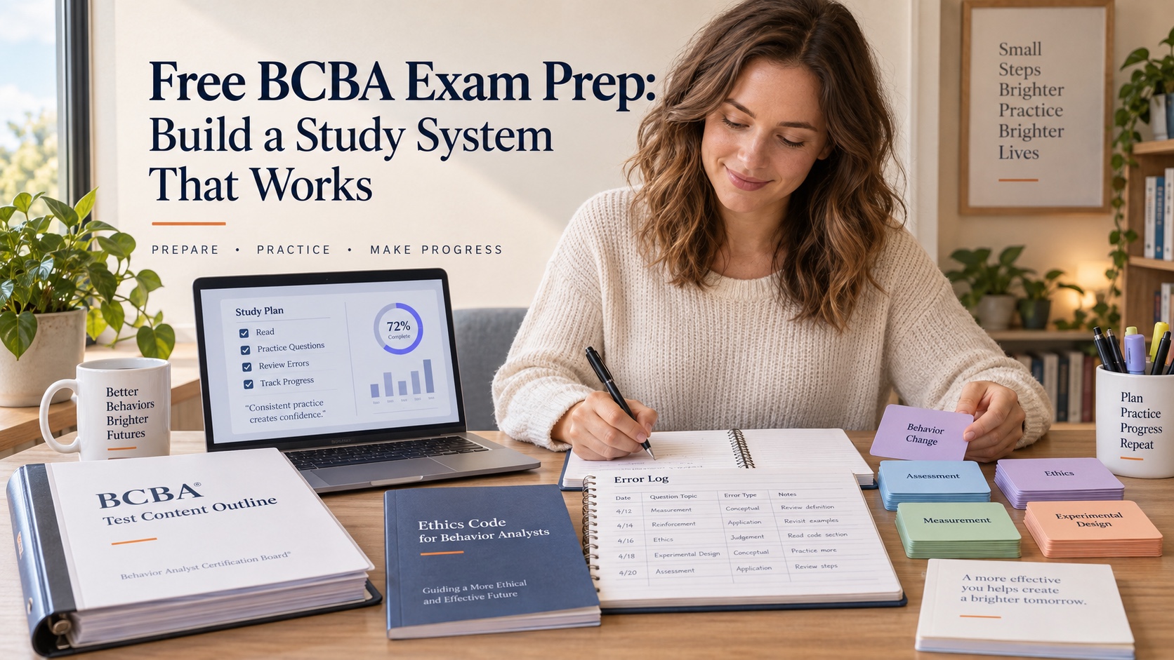 A realistic White woman organizes a BCBA Test Content Outline, Ethics Code, error log, study dashboard, and practice cards in an integrated editorial scene titled Free BCBA Exam Prep: Build a Study System That Works.
