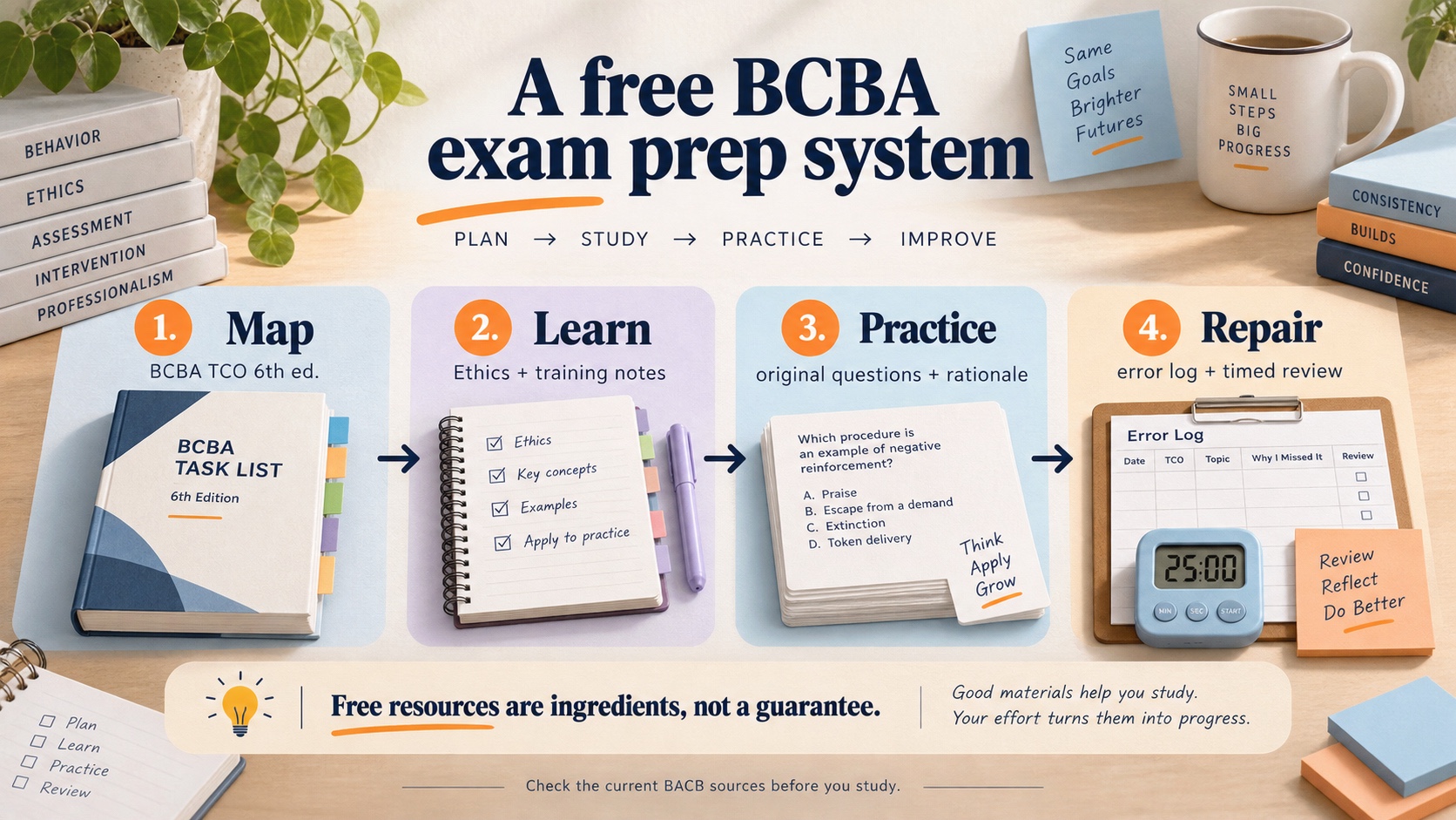 No-person infographic showing a free BCBA exam preparation loop: map the current BCBA TCO, learn from ethics and training notes, practice original questions with rationales, and repair weak areas with an error log and timed review.