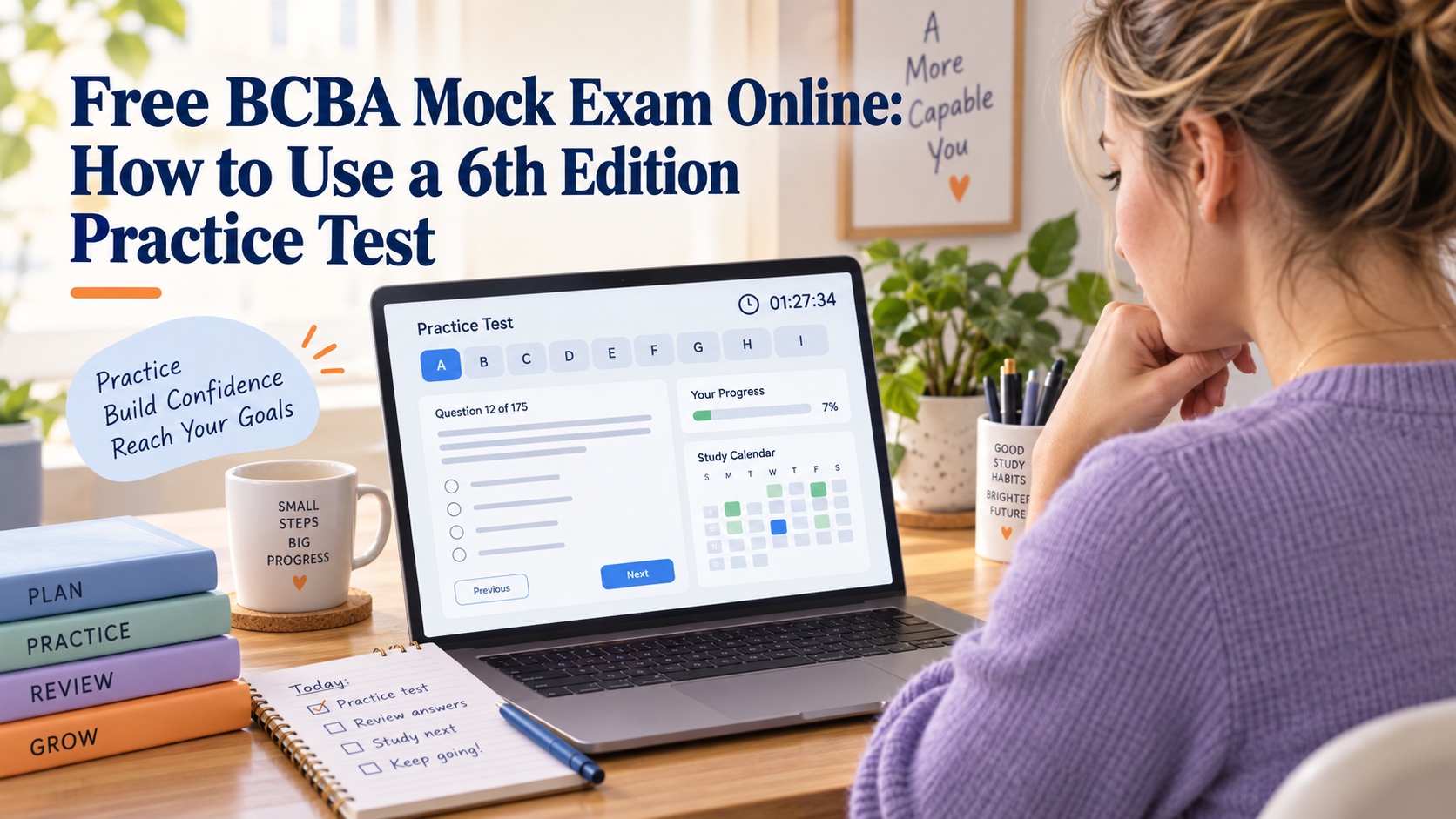 A White female BCBA learner taking a timed practice test with an A–I progress interface, timer, and study calendar.