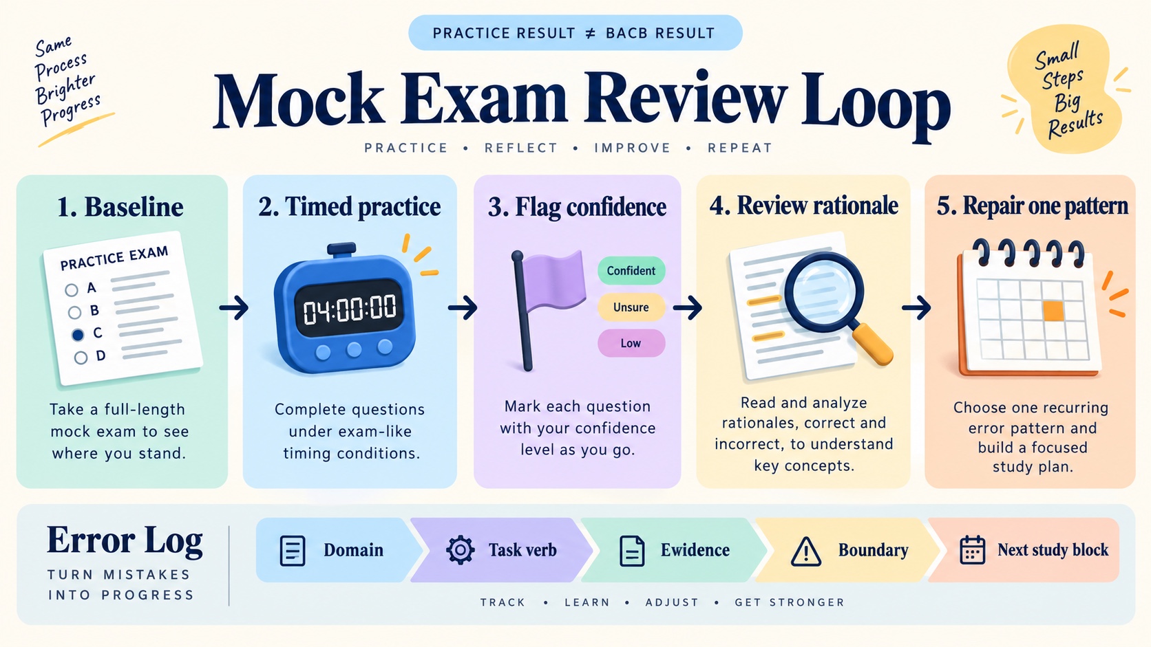 BCBA mock-exam review loop showing baseline, timed practice, confidence flagging, rationale review, and repairing one pattern.