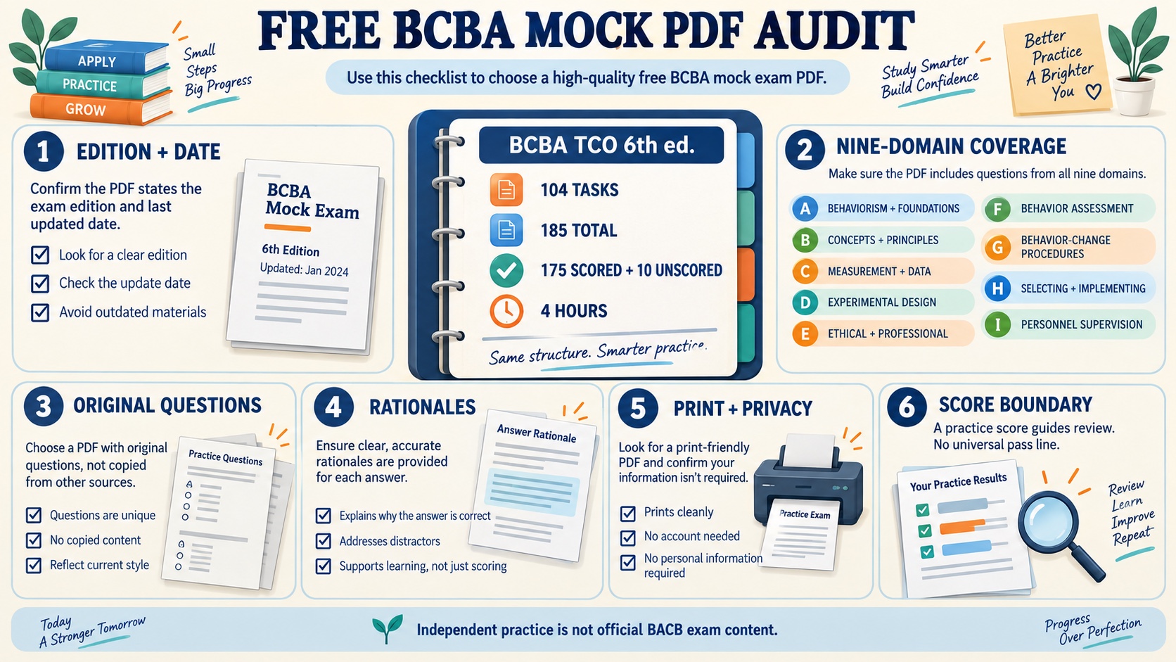 No-person infographic showing a free BCBA mock exam PDF audit: verify the 6th edition, map nine domains and 104 tasks, check original question sourcing, read rationales, confirm PDF access and privacy, and avoid score guarantees.