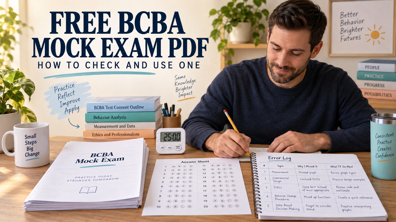 A realistic White male BCBA learner reviews a printable mock-exam packet, answer sheet, timer, current TCO notes, pencil, and error log in one integrated ABA Study Online editorial scene titled Free BCBA Mock Exam PDF.