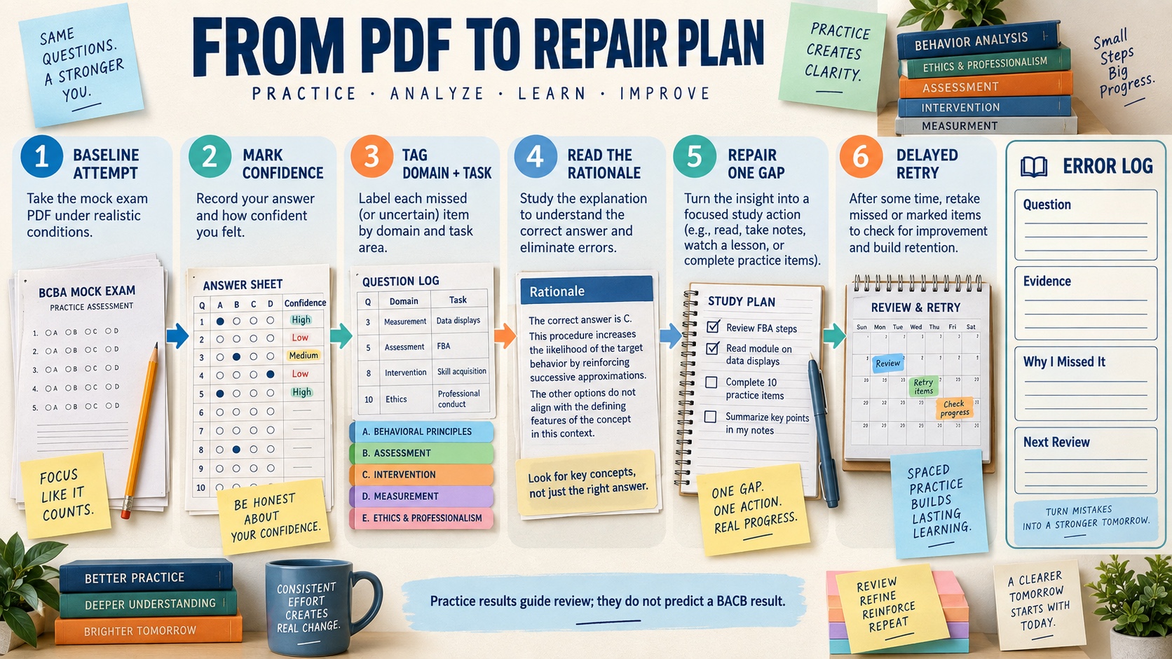No-person infographic showing a printable BCBA mock PDF repair loop: baseline attempt, confidence flag, domain and task tag, rationale review, focused concept repair, delayed retry, and mixed review.
