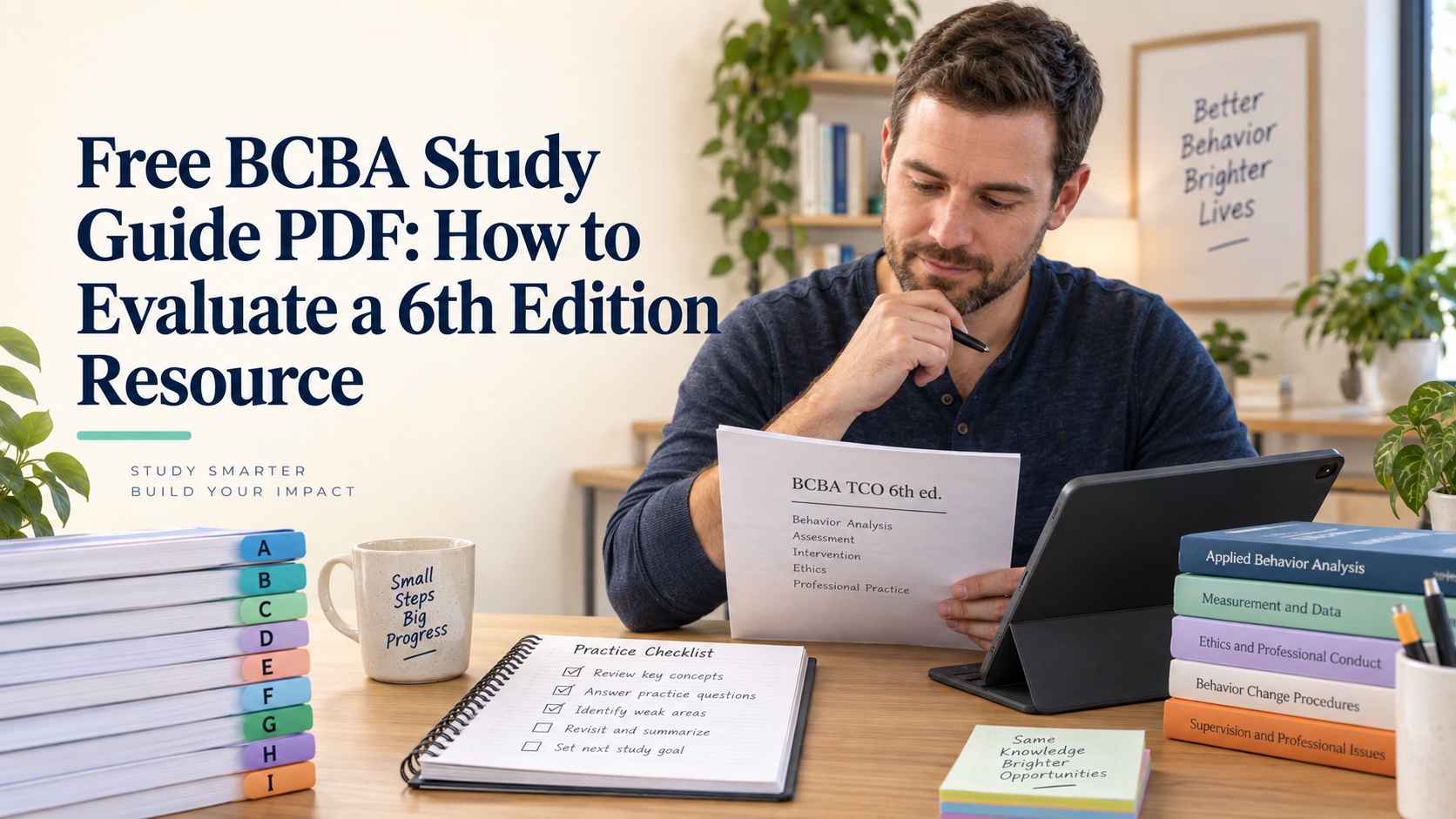 A White male BCBA learner reviewing a study guide PDF beside nine lettered domain cards, a notebook, and a practice checklist.